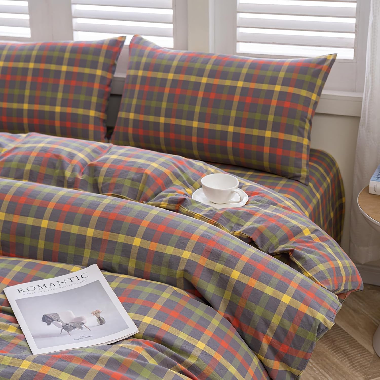 Reversible Plaid Duvet Cover King 100% Washed Cotton Bedding Set 3 Pieces Colorful Grid Comforter Cover Geometric Cotton Buffalo Plaid Bedding Duvet Cover King Size with 2 Pillowcases for Men Women