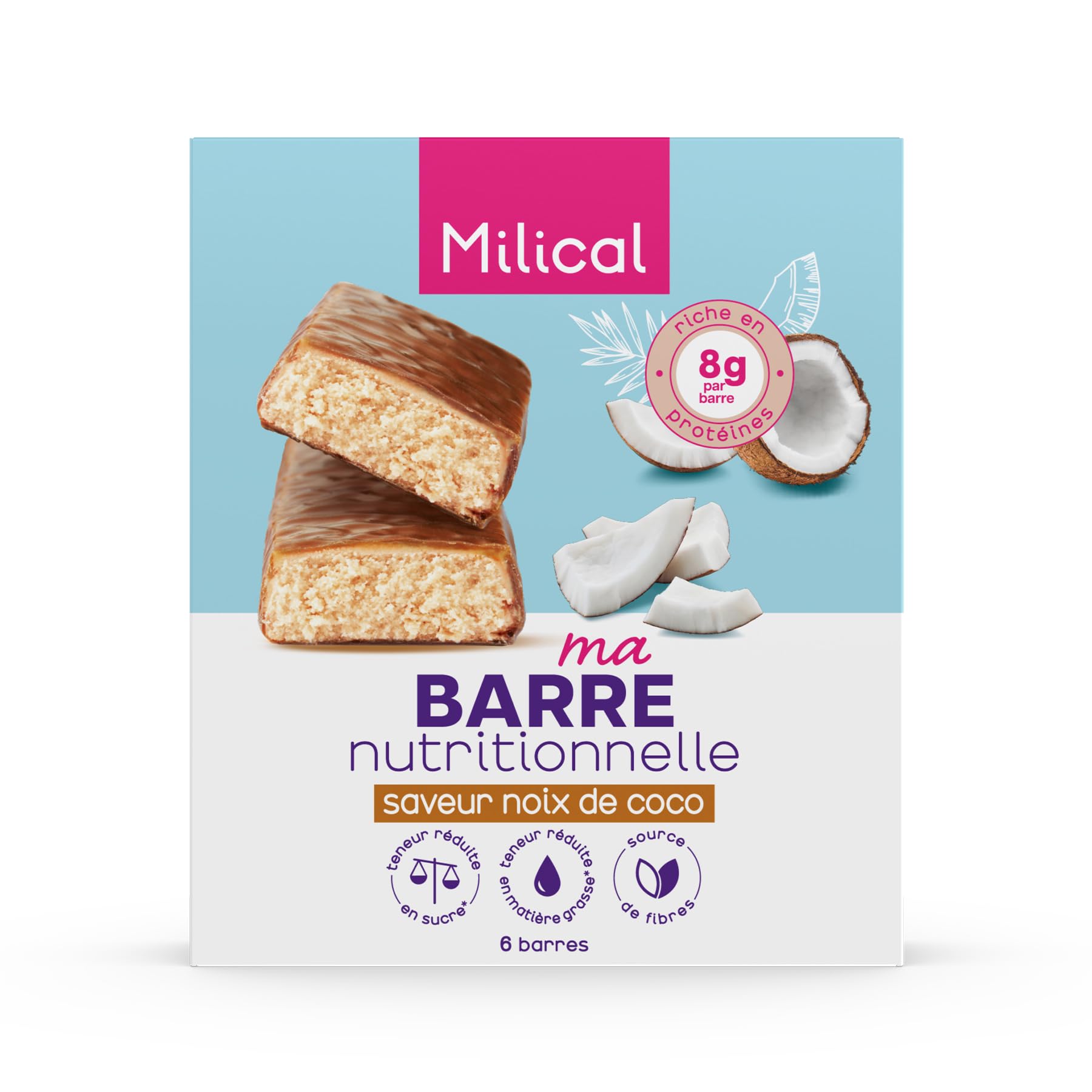 Barre Nutritionnelle | Riche en Protéines et Fibres | Faible en Sucres et Matières Grasses | Laboratoire Milical (Lot de 1, Noix de coco)