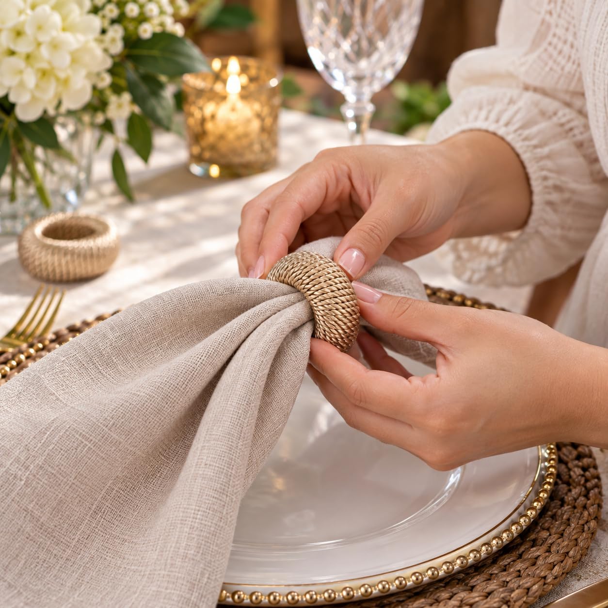 Alpha Living Home Woven Yarn Napkin Rings, Beige, Set of 12 image 4