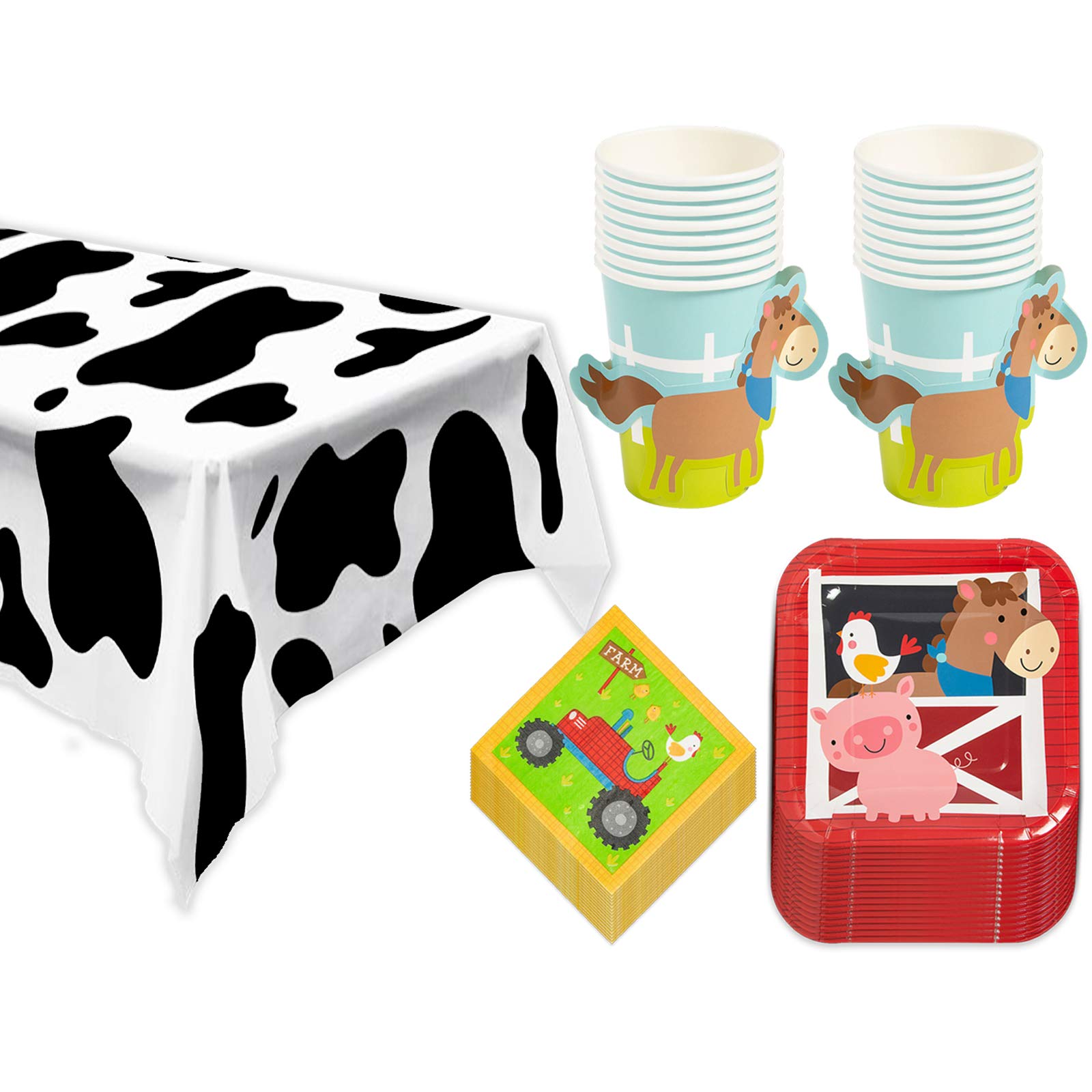 Farm Party Pack - Red Barn Animals Paper Dessert Plates, Napkins, Cups, and Cow Print Table Cover (Serves 16)