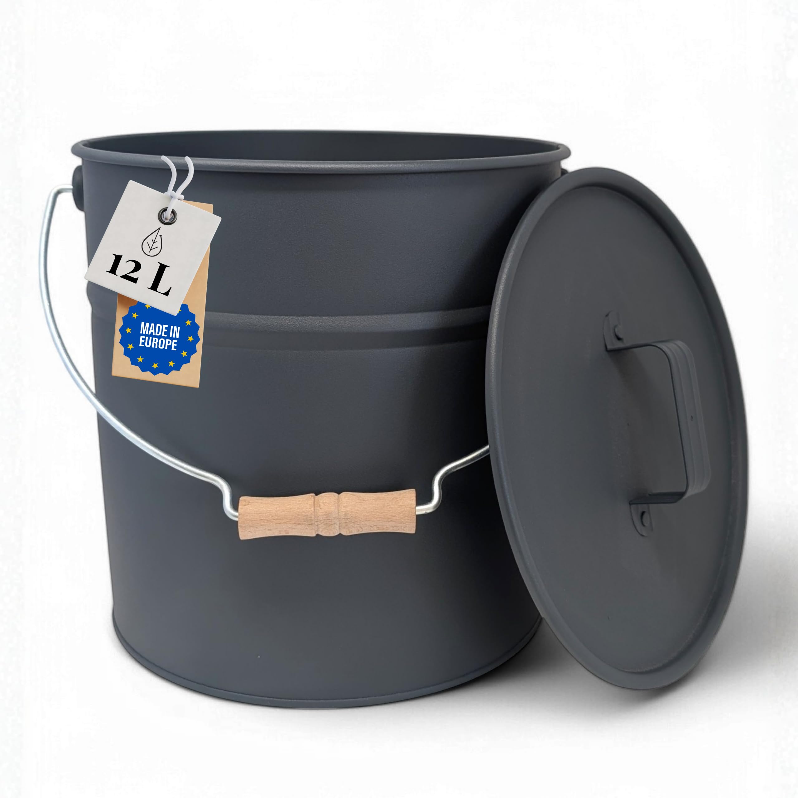Livlig53 LIVLIG - Secchio in metallo con coperchio, secchio da giardino zincato e secchio per cenere in metallo robusto, elegante secchio con coperchio e manico in legno, qualità premium dall'Europa