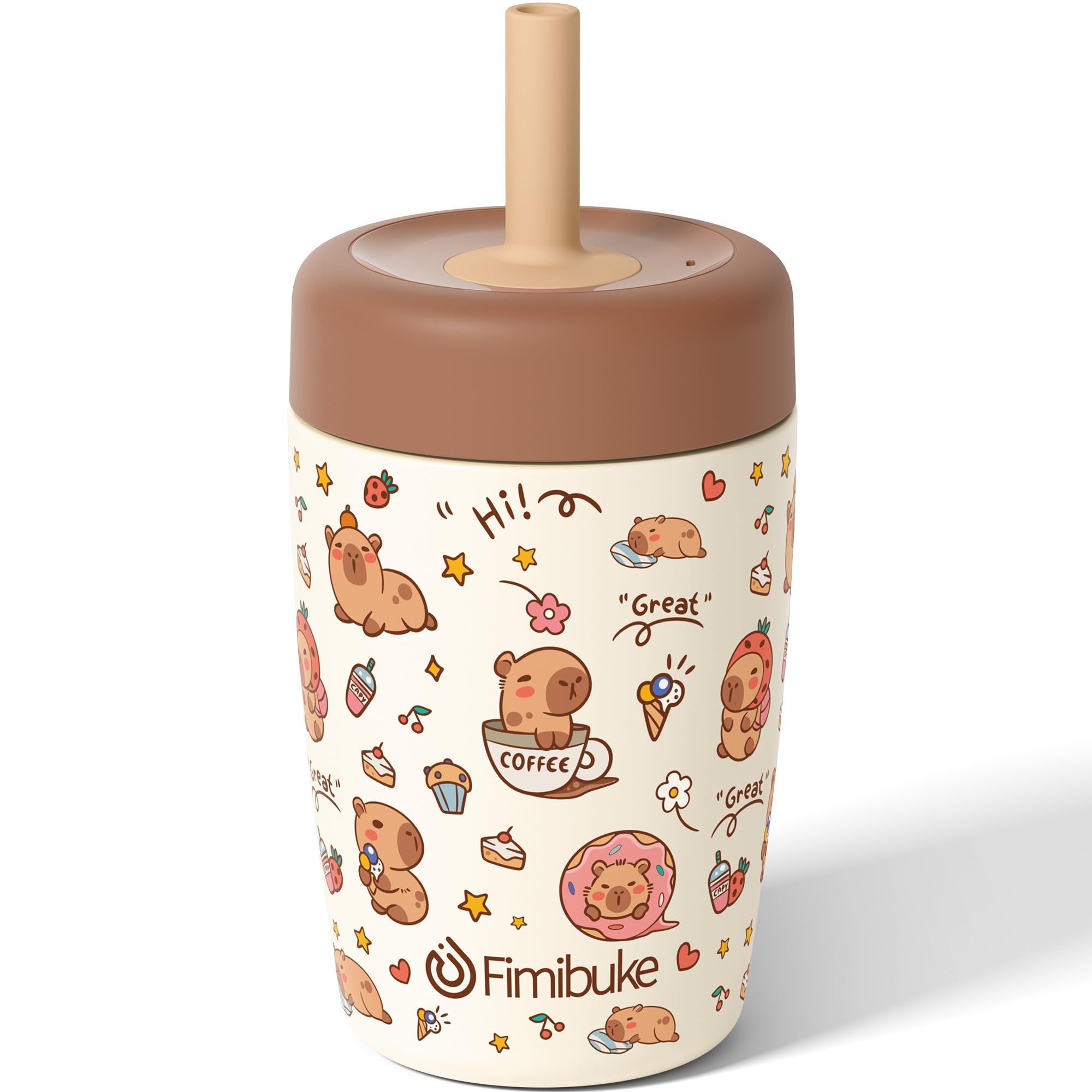 Fimibuke Kids & Toddler Cups Spill Proof, 12 OZ Capybara Insulated Sippy Cups for Toddlers Boys Girls, Toddler Straw Tumbler, Stainless Steel Kids