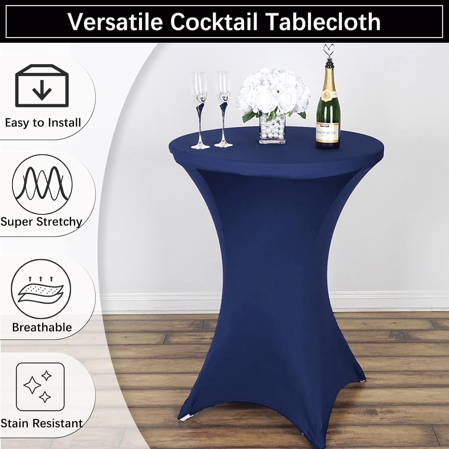 2 Pack 32x43 Inch Navy Blue Spandex Cocktail Table Covers, Fitted Round Cocktail Tablecloth, Stretch Highboy Table Cover Cloth for Wedding, Party, Banquet, Event