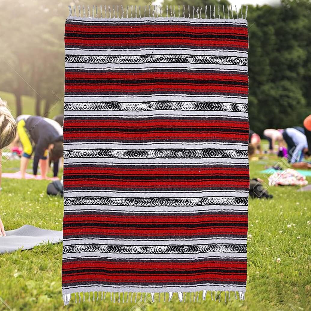 Authentic Mexican Red-Grey Blanket -Yoga Matt - Falsa - Serape - Camping, Picnic, Beach Blanket, Bedding, Car Blanket, Saddle Blanket, Soft Woven Home Decor (Red-Grey Color)