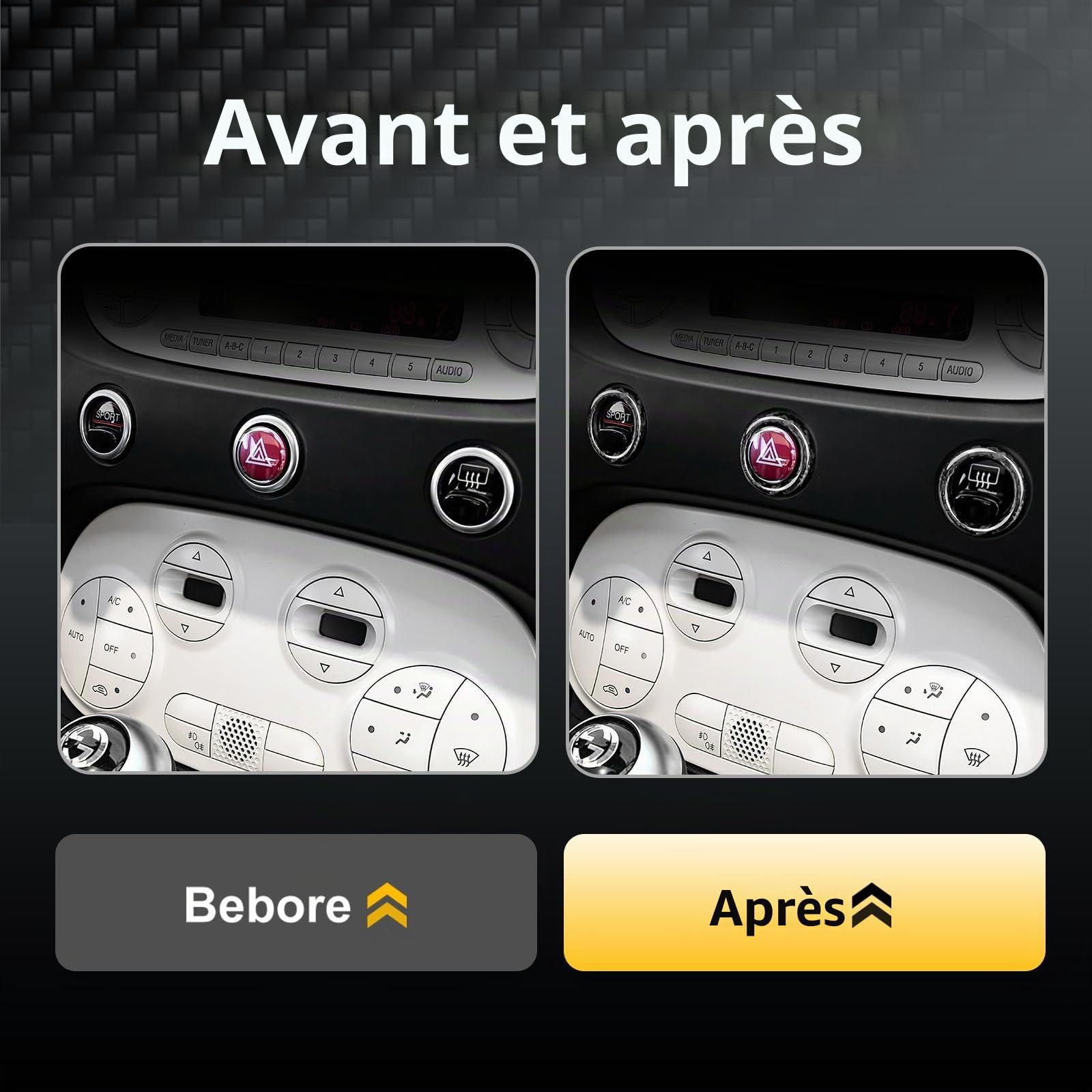 KUNGKIC Pour Fiat 500 2008-2023 Abarth 595/595C/695 2012-2023 Commande centrale de voiture Voyant d'avertissement Bouton Cercle Fibre de Carbone dur Autocollant décoratif Intérieur Accessoires Cadeau