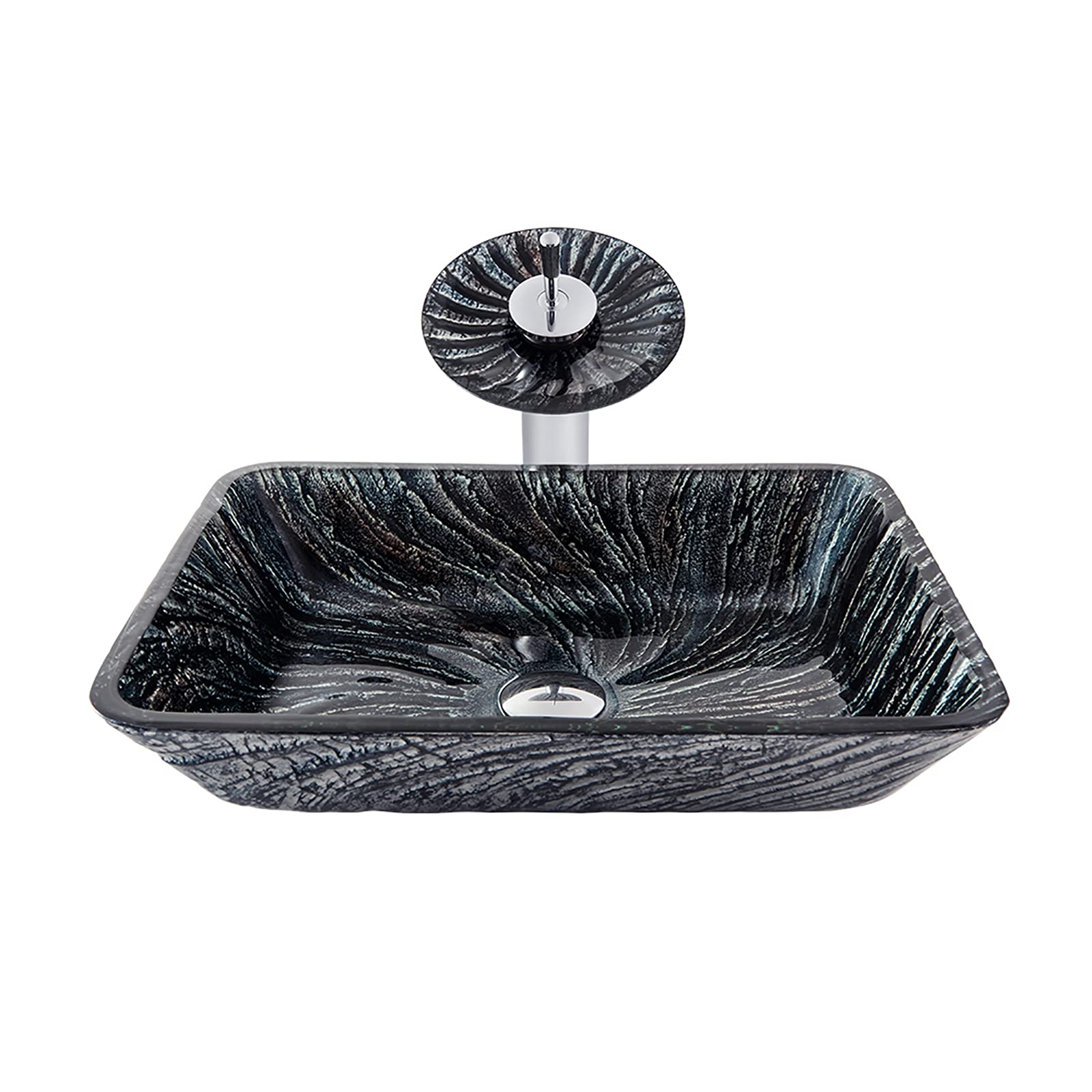 TIANQIHAO Bathroom Vessel Sink Artistic Tempered Glass Black And Gray Bowl Countertop Vanity With Waterfall Faucet Pop Up Drain Combo