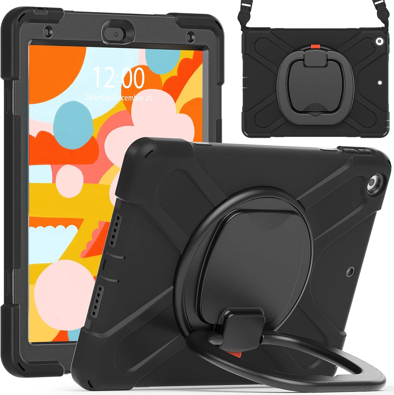 iPad 9th 10.2 Case, iPad 8th 7th Generation Case, 3 Layers Shockproof Rugged Protective Hard Cover with Pencil Holder/Folding Handle Grip/Carrying Strap/Stand for iPad 10.2 9th/8th/7th (Black)