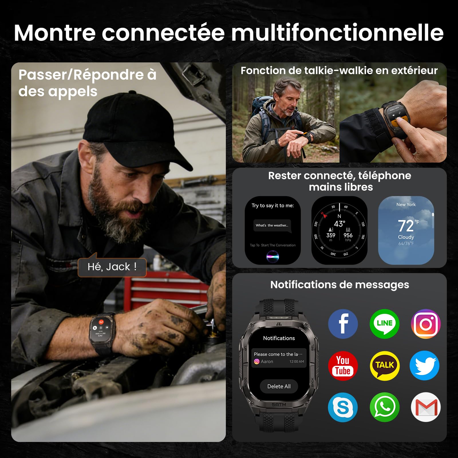 KOSPET Tank M4C Montre Connectée Homme GPS, Lampe Torche LED, 1.96'' AMOLED (Noir) | Étanche 5 ATM, IP69K, Talkie-Walkie, 15 Jours Autonomie, Suivi de Santé et Sommeil, 170+ Mode Sport, Compatible Android & iOS