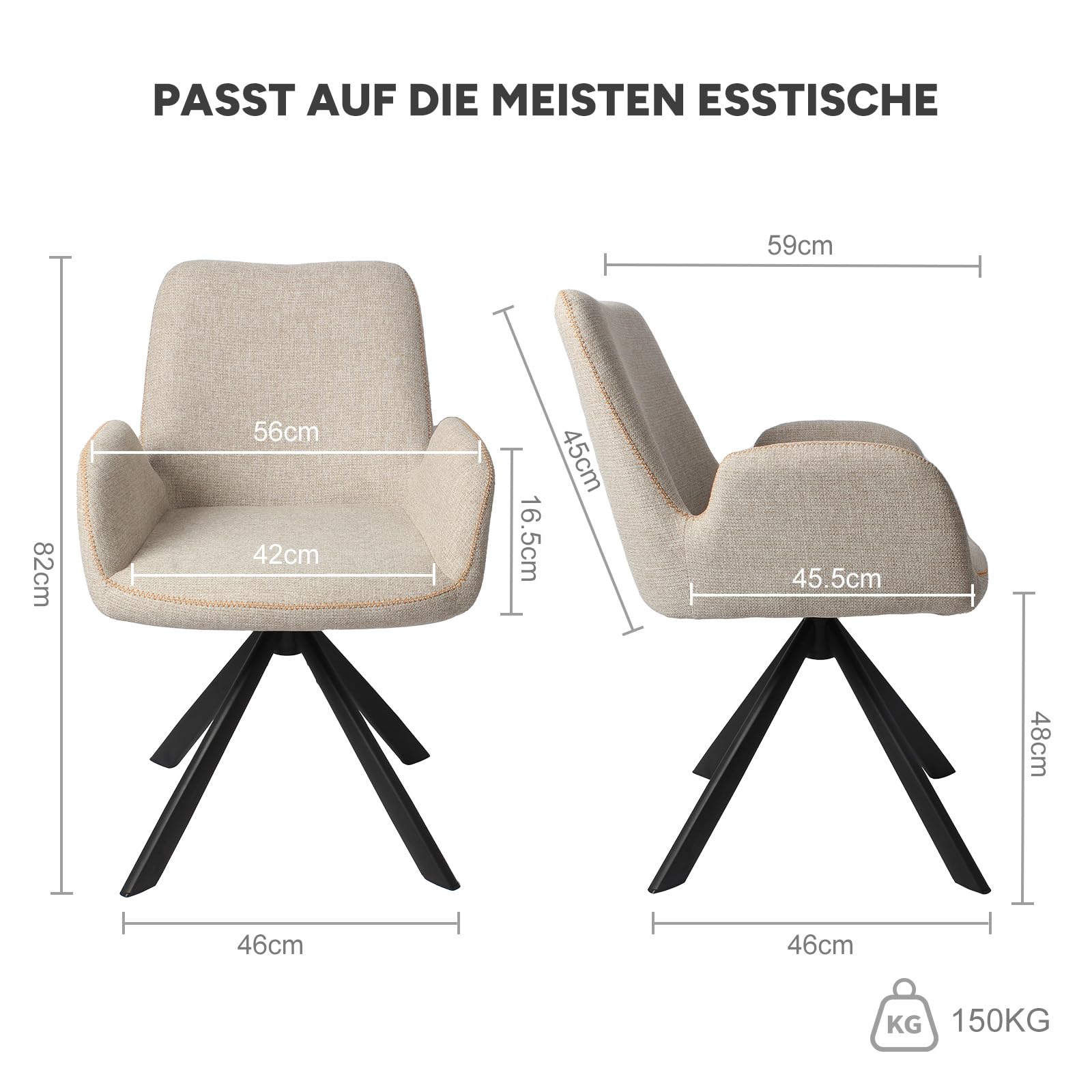 Drehbare Esszimmerstühle 2er Set mit Armlehnen – 360° ergonomische und Bequeme Stühle mit breiter Sitzfläche – Für Esszimmer, Wohnzimmer oder Büro