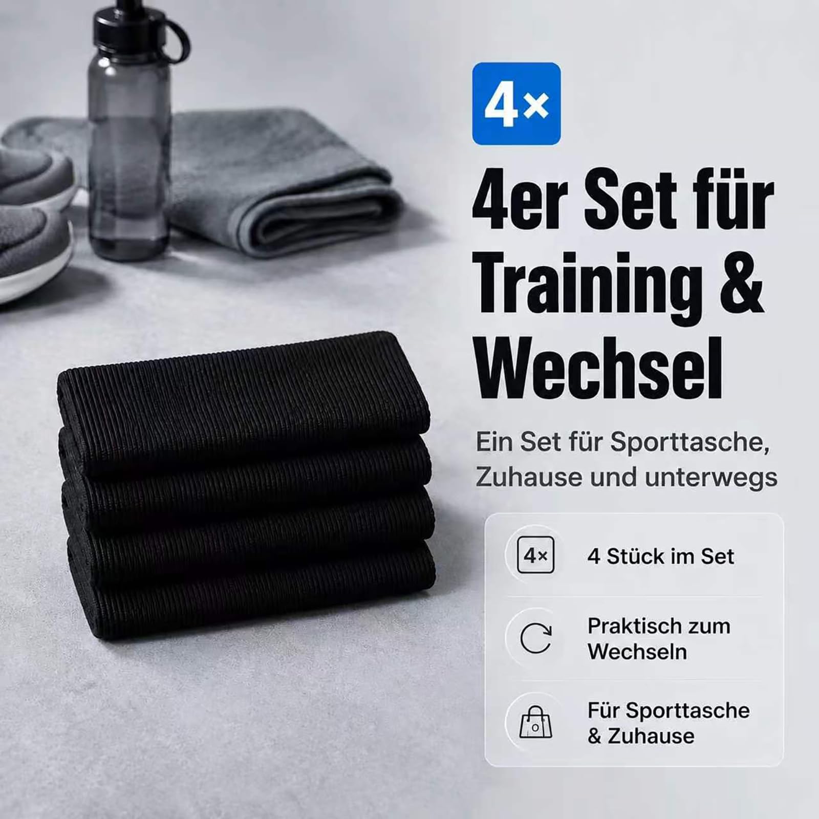 Sportowa opaska przeciwpotowa męska, 4 sztuki, czarna
