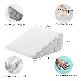 Bedluxe Wedge Pillow, 10 inch Bed Wedge Pillow for Headboard, Pillow Wedge for Acid Reflux Relief, Sleeping, Back Pain Relief, Snoring, Triangle Pillow Wedge - Cooling Memory Foam Top, White/Grey