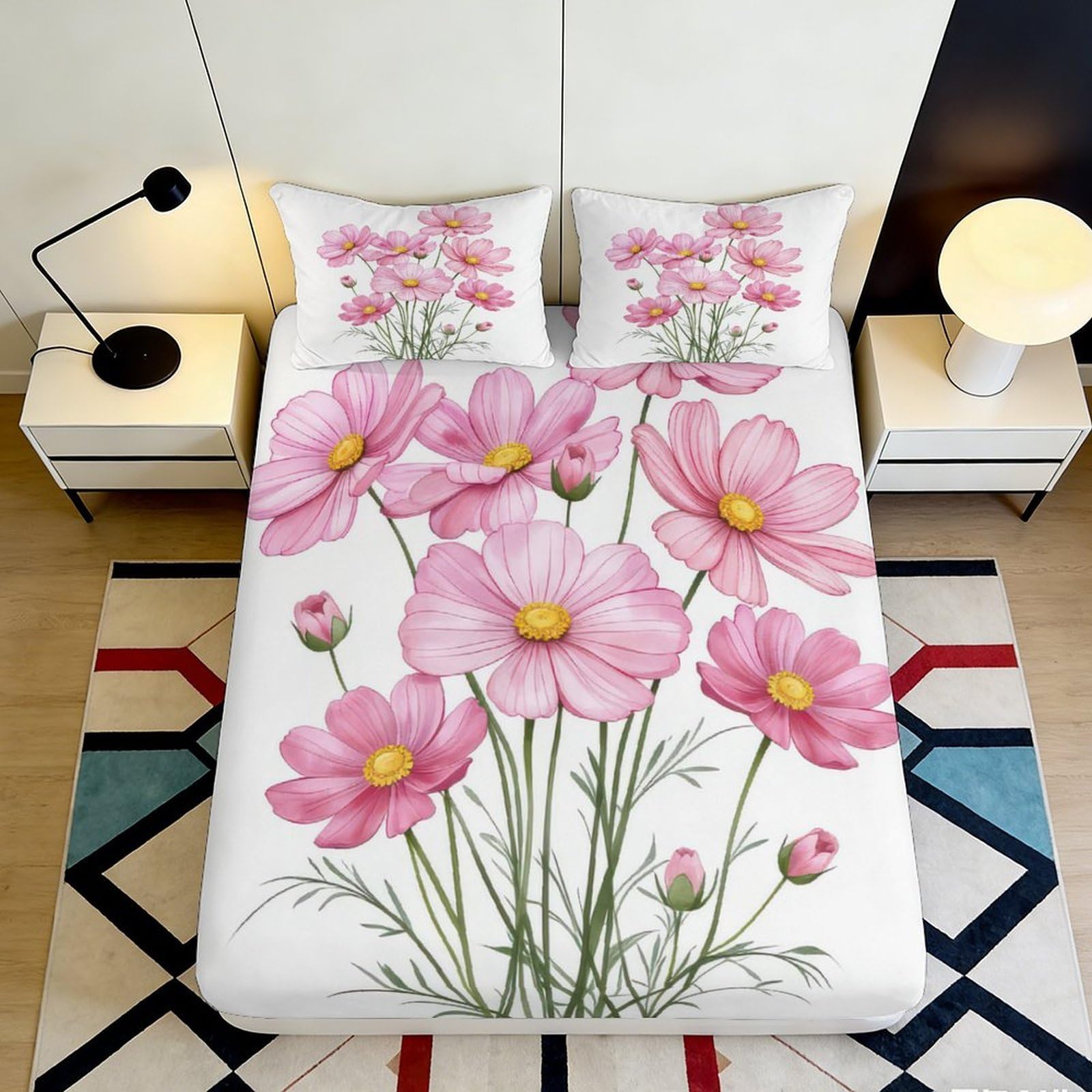 Uynsixtme Style-9 3D Printed Pink Floral Fitted Sheet Microfiber Deep Pocket Non-Slip Bedroom Bedding Pink Floral Mattress Fitted Cover Full Wrap Washable For Adults Teens 90X200x25cm