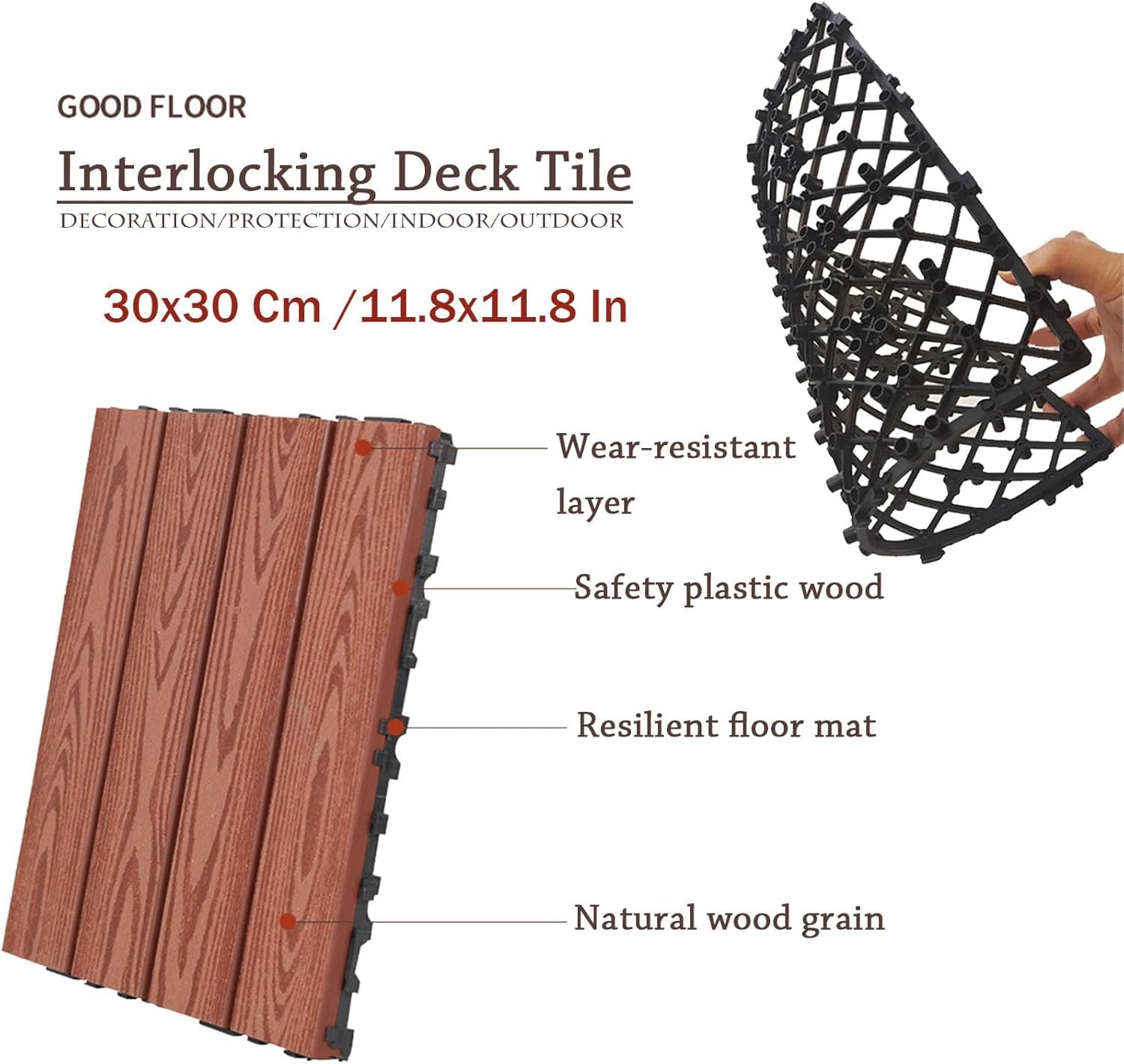 Piastrelle per esterni – legno ad incastro, durevoli e resistenti alle intemperie, motivo goffrato per balcone e patio