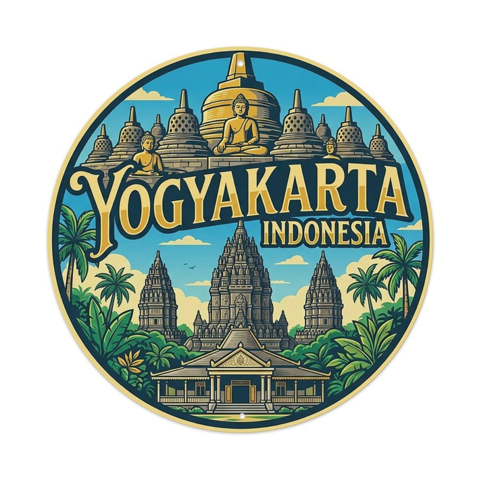 Indonesia Vintage Travel Yogyakarta Vintage Metal Tin Sign Plaque Wall Decor for Cafe, Club Bar, Office, Garden Metal Poster 8x8Inch