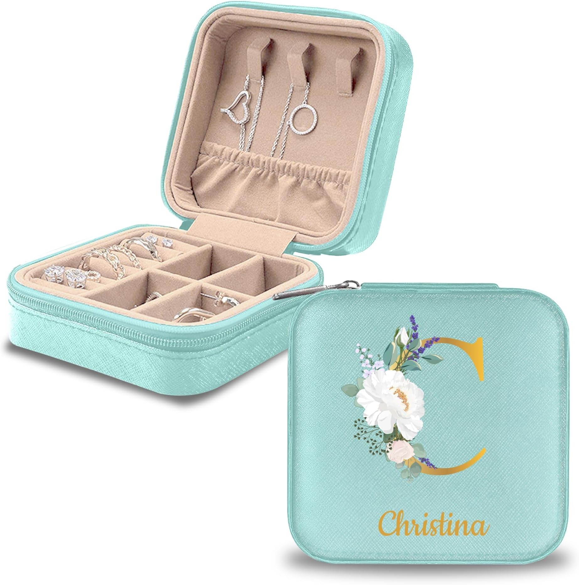 Personalized Name Jewelry Boxes for Girls & Women, Custom Travel Jewelry Case with Lid, Portable Small Jewelry Organizer Box Bridesmaid Proposal Gifts (Blue, Monogram with Birth Flower)