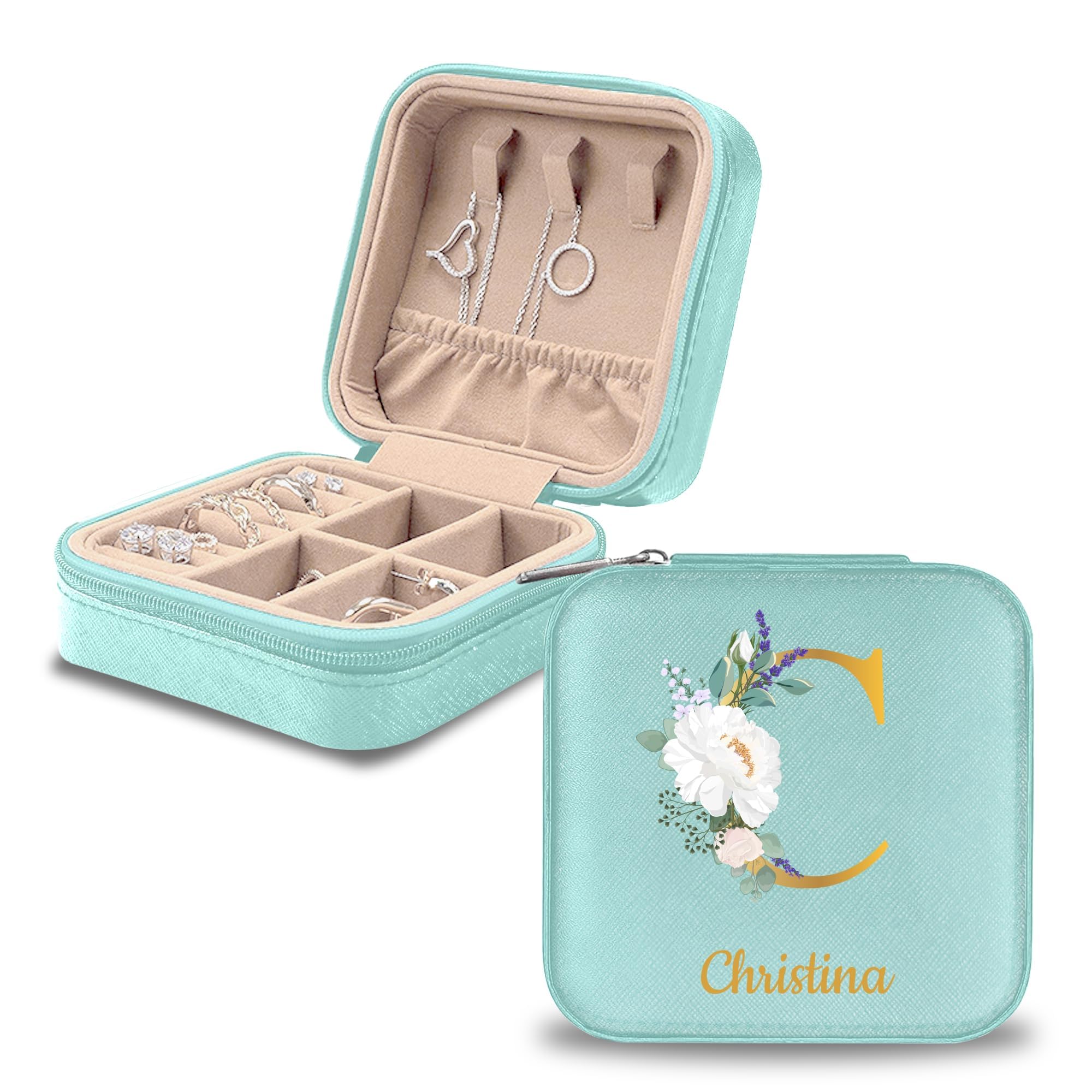 Personalized Name Jewelry Boxes for Girls & Women, Custom Travel Jewelry Case with Lid, Portable Small Jewelry Organizer Box Bridesmaid Proposal Gifts (Blue, Monogram with Birth Flower)