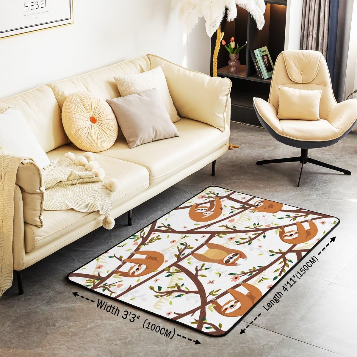 jejeloiu Sloth Decorative Carpet Rug Cartoon Sloth Tree Branches Carpet Fleece Indoor Floor Mat Area Bedroom Playing Room Rug Carpet Home Decor Bedroom Living Room Rug