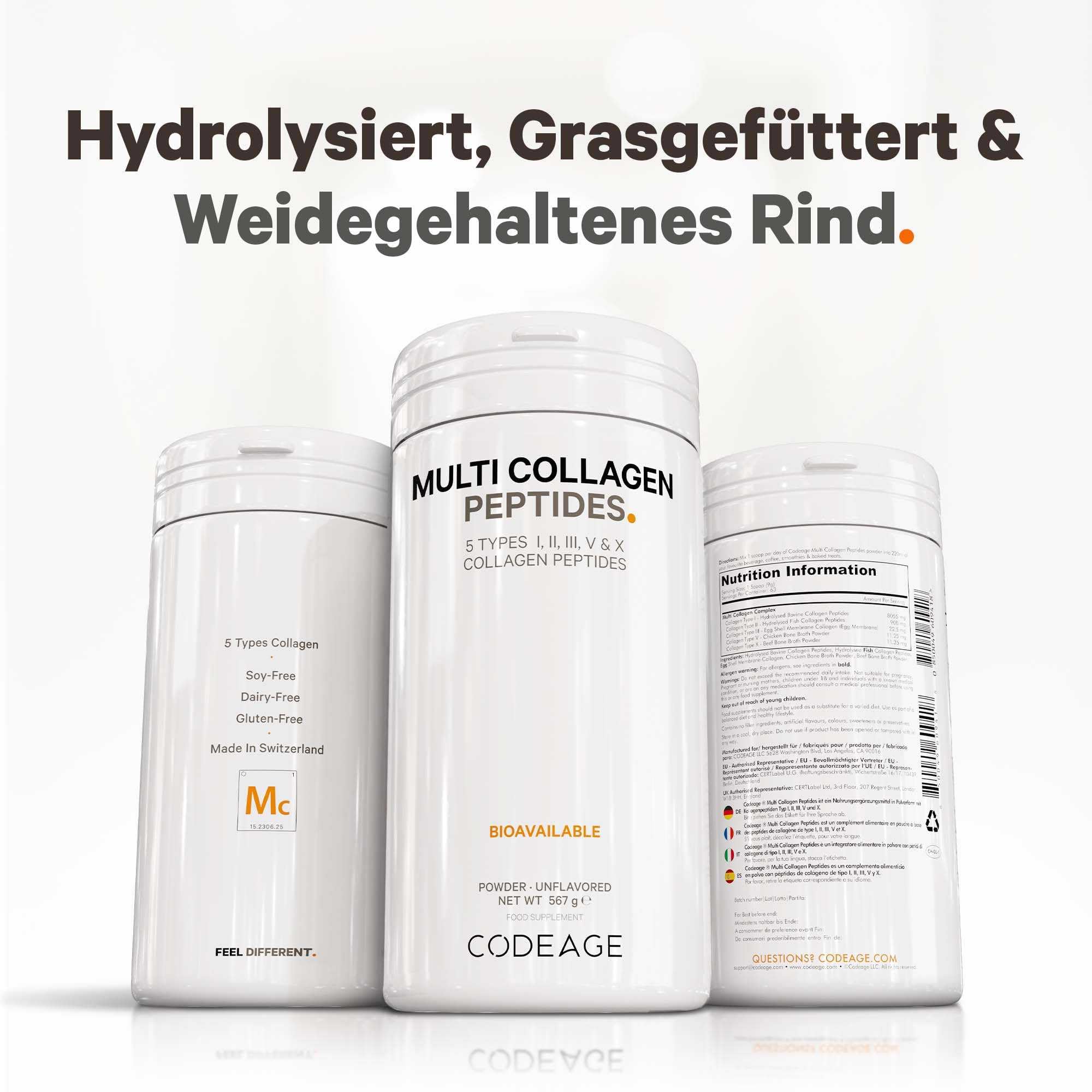 Codeage Multi Collagen Proteinpulver Peptide, 2-Monatsvorrat, hydrolysiert, Typ I, II, III, V, X, von Weidehaltung, Alles-in-einem Super Knochenbrühe-Kollagen-Ergänzungsmittel, 567 Gramm
