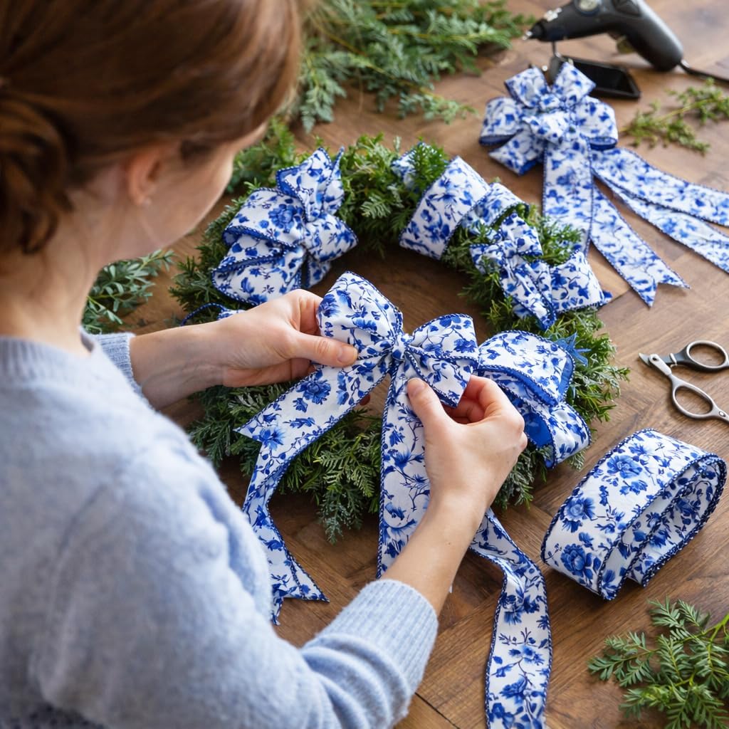 Blue and White Wired Edge Ribbon, 2.5 Inch x 20 Yards Floral Fabric Ribbon for Wreath Bow, DIY Crafts, Gift Wrapping, Wedding, Bridal Shower,4 Rolls (White and Blue)