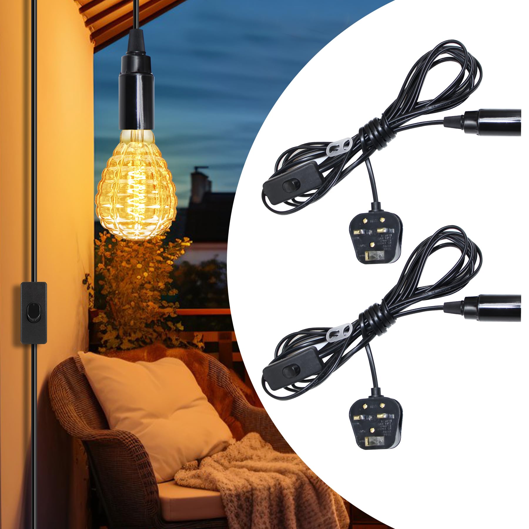 Pendant Light Fitting, 2 Pack E14 Bulb Holder with 4.5 M Lamp Cable with Switch and Plug, Black Plug in Ceiling Light