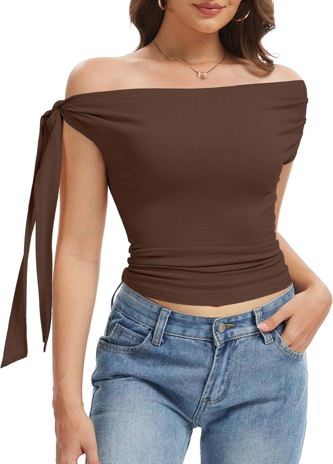 Women's Off The Shoulder Going Out Asymmetrical Tops Y2K Slim Fit Cute Crop One Tie Shoulder Ruched Tank Top