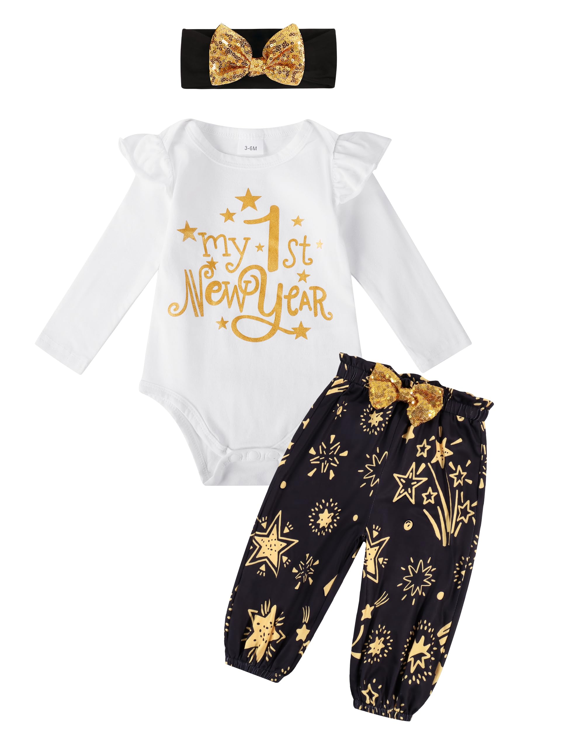 DAKEIK New Years Baby Girl Outfit 0-3 Months My First New Years Baby Girl Outfit 2025 White Ruffle Top Fireworks Star Patterned Pants Hijab 3 Piece Set