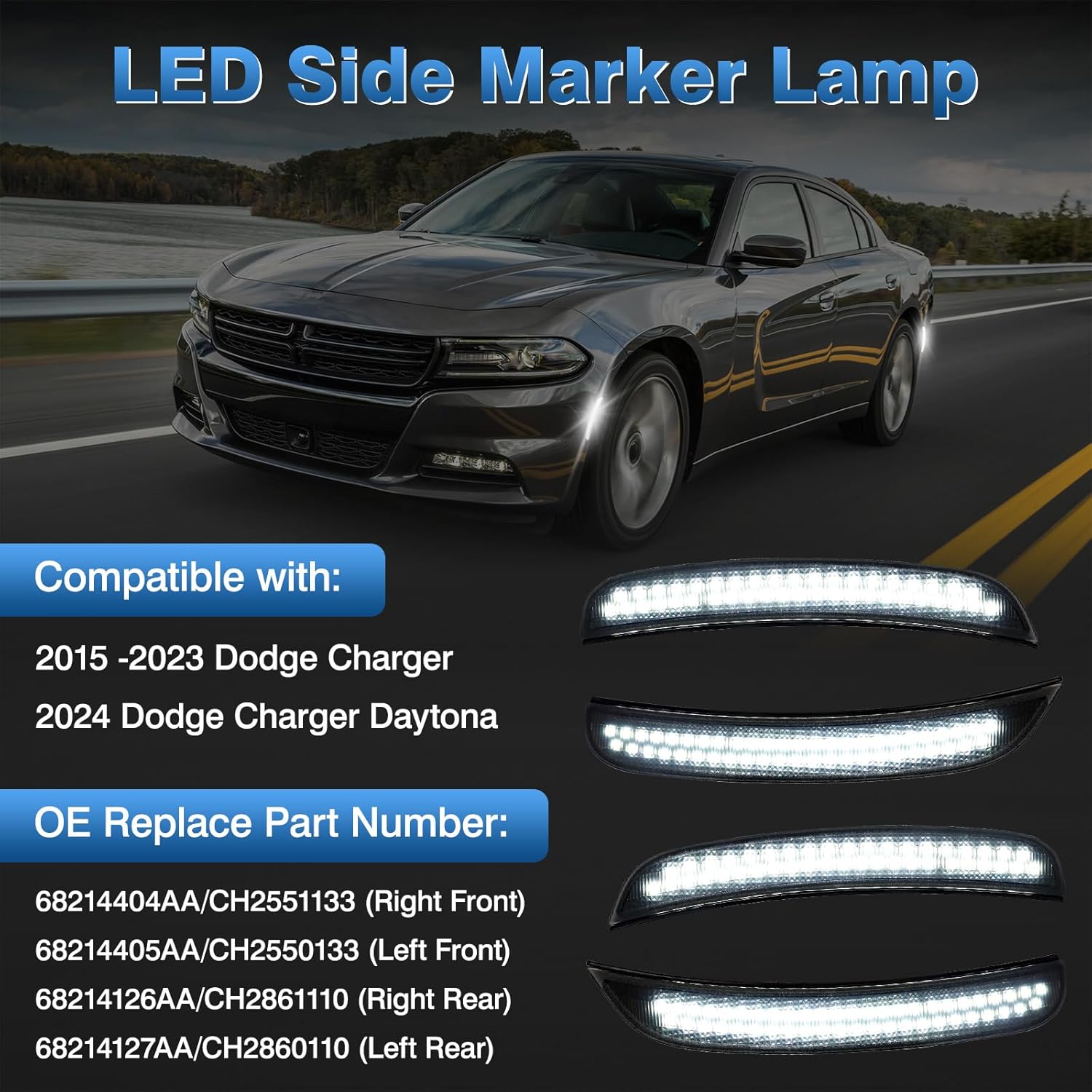 LED Side Marker Lights Compatible with Dodge Charger 2015-2023, Daytona 2024 White Front & Rear Bumper Marker Lamps Smoked Len, 4PCS