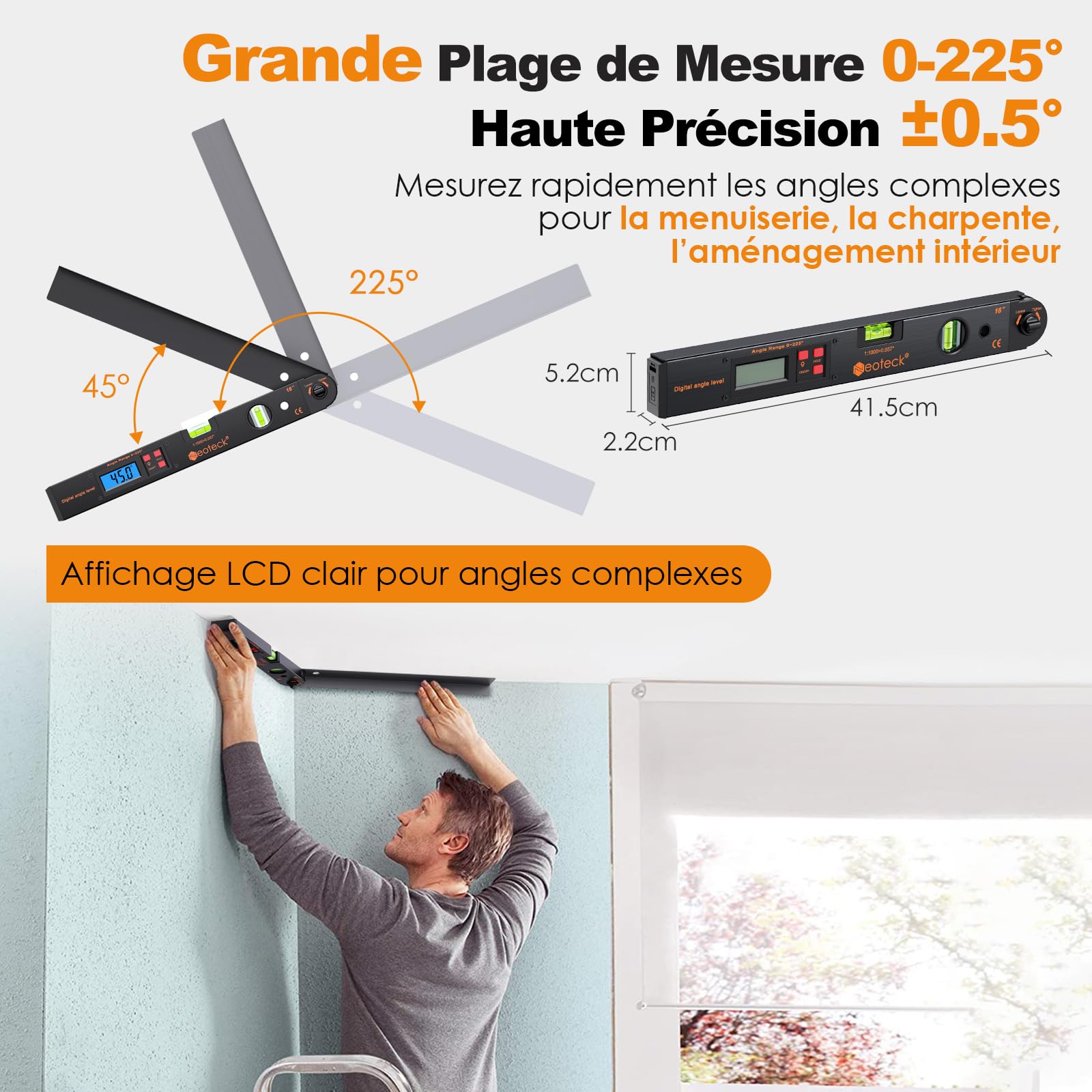 Neoteck 400mm/0~225°Rapporteur d’Angle Numérique – Règle Angle avec Niveau Bulle, Écran LCD Rétroéclairé, Fonction HOLD, Étui et Pile – Outil de Mesure Précis pour Menuiserie, Toiture, Chantier-Noir
