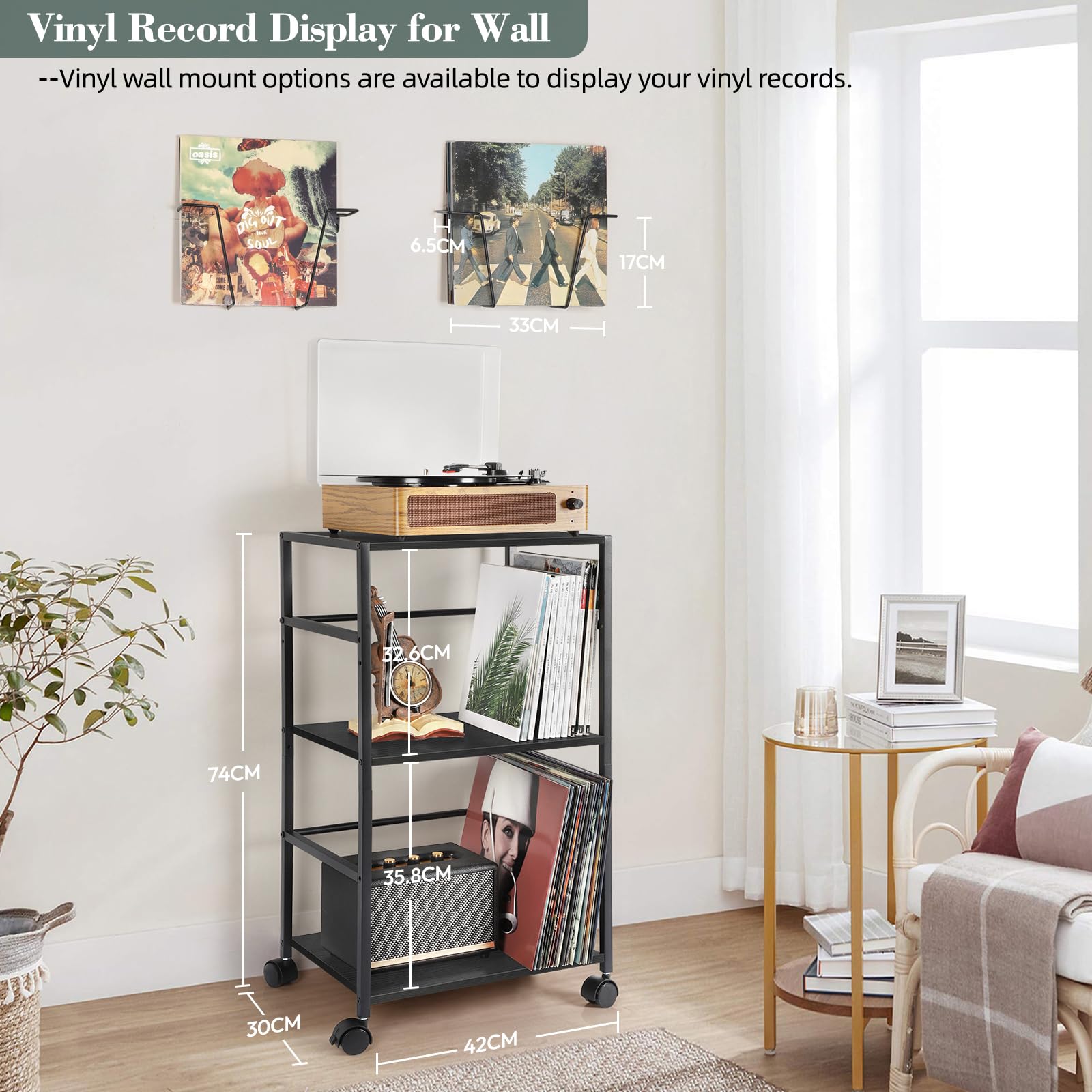 Bikoney Mobile Giradischi con 2 Espositori per Vinili e Tavolino Laterale – Supporto per Giradischi e Contenitore per Fino a 150 Dischi in Vinile per Soggiorno o Camera da Letto – Nero | Tavolino girevole con 2 ripiani espositori, facile accesso ai LP, ru
