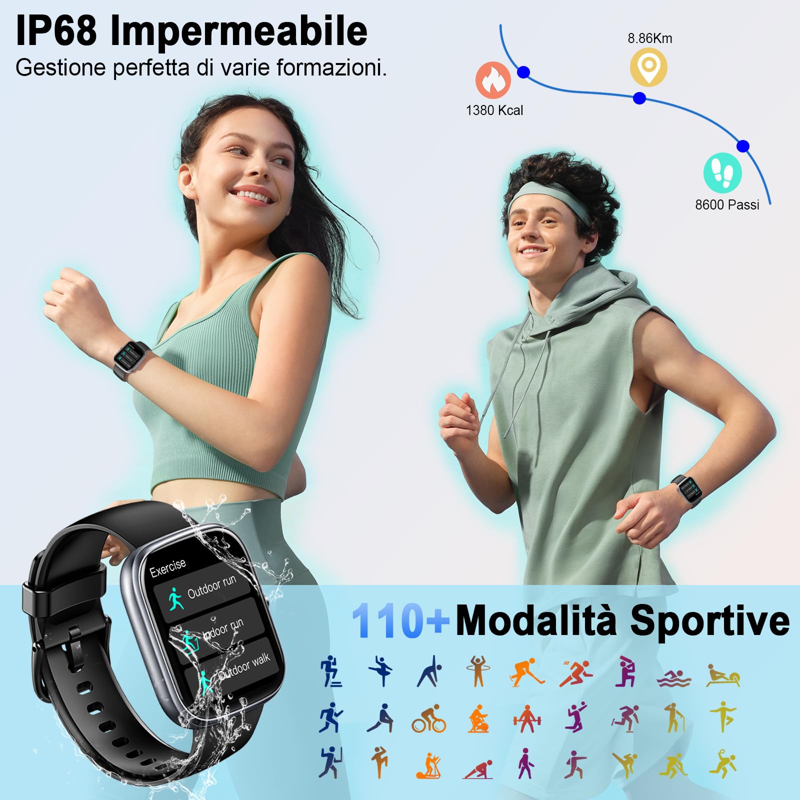 Smartwatch Uomo Donna, 1.91" Orologio Fitness con Effettua/Risposta Chiamate, 110+ Sportive Fitness Tracker con Contapassi Sonno Cardiofrequenzimetro, Impermeabil Orologio Smart Watch per Android iOS