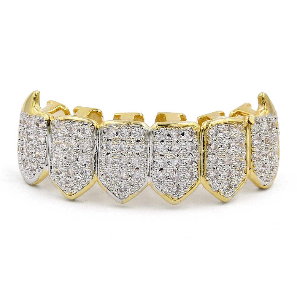 JINAO 18K Gold Plated Iced Out CZ Fang Top & Bottom Mouth Teeth Grills Set