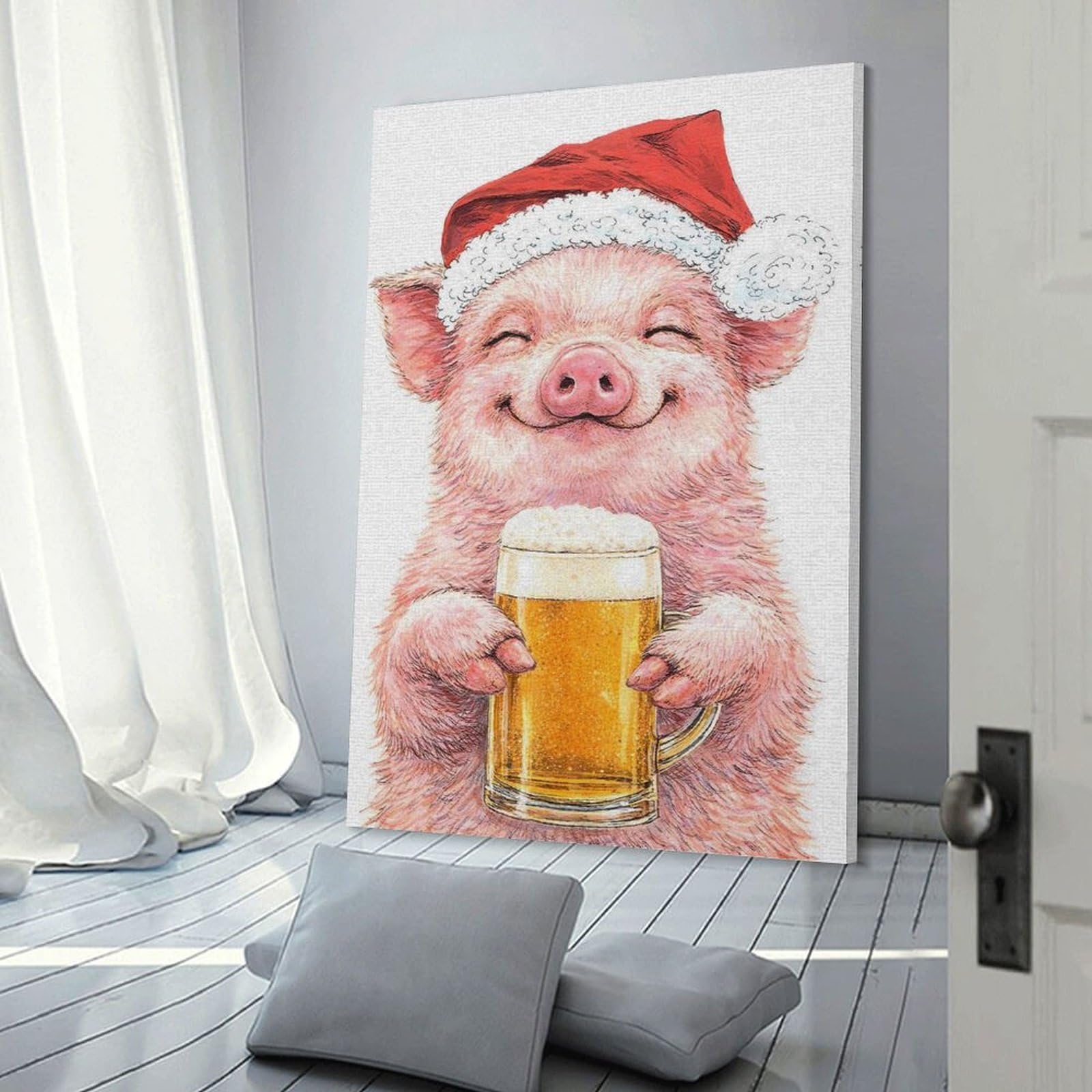 Junmoney Frame-Style-13-1 Pig In Santa Hat With Beer Home Decor Wall Art 24X36inch(60X90cm), For Hallway, Bedroom Or Modern Interiors, Canvas Artwork With Gifting Potential