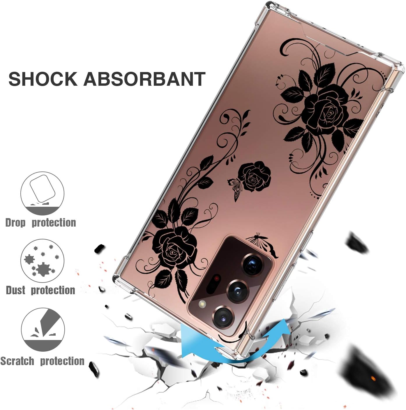 Cutebe Cute Clear Crystal Case for Samsung Galaxy Note 20 Ultra 6.9 Inch 5G, Shockproof Series Hard PC+ TPU Bumper Yellow-Resistant Protective Cover (Black Floral Design) for Women, Girls