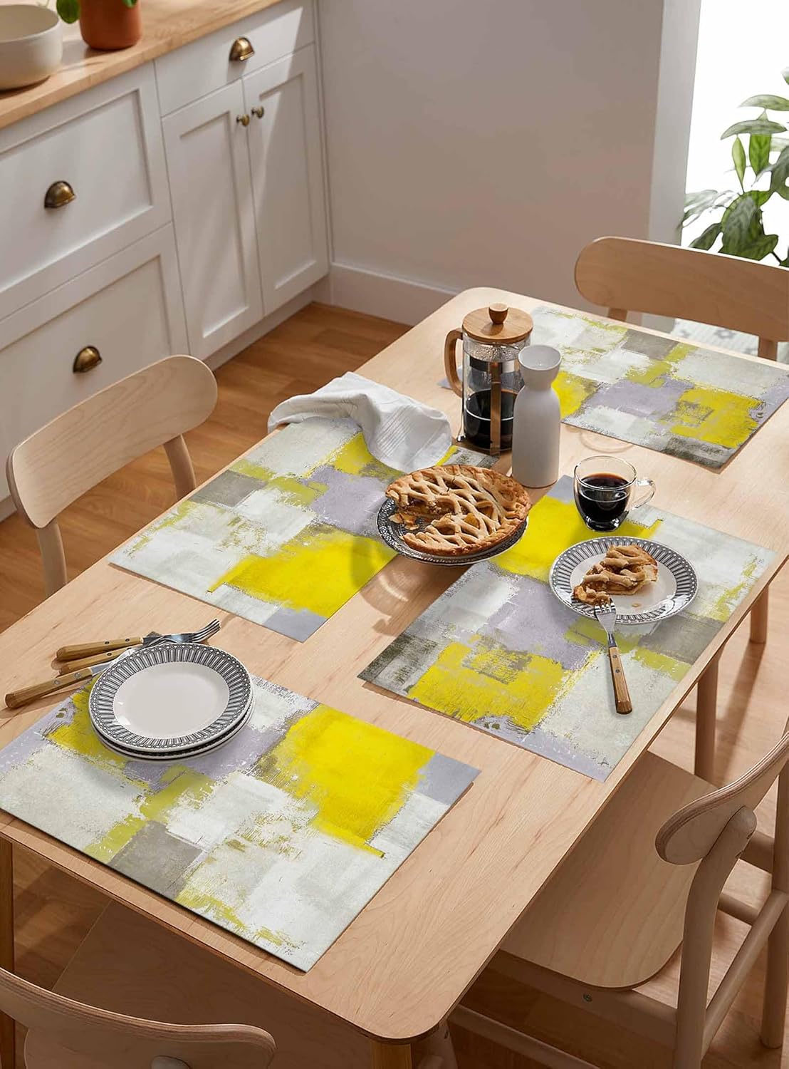 Abstract Place Mats 6 Pieces, Heat Insulation Stain Proof Placemats for Dining Table Durable Cotton Linen Kitchen Table Mat Placemat, Geometric Yellow Gray Graffiti