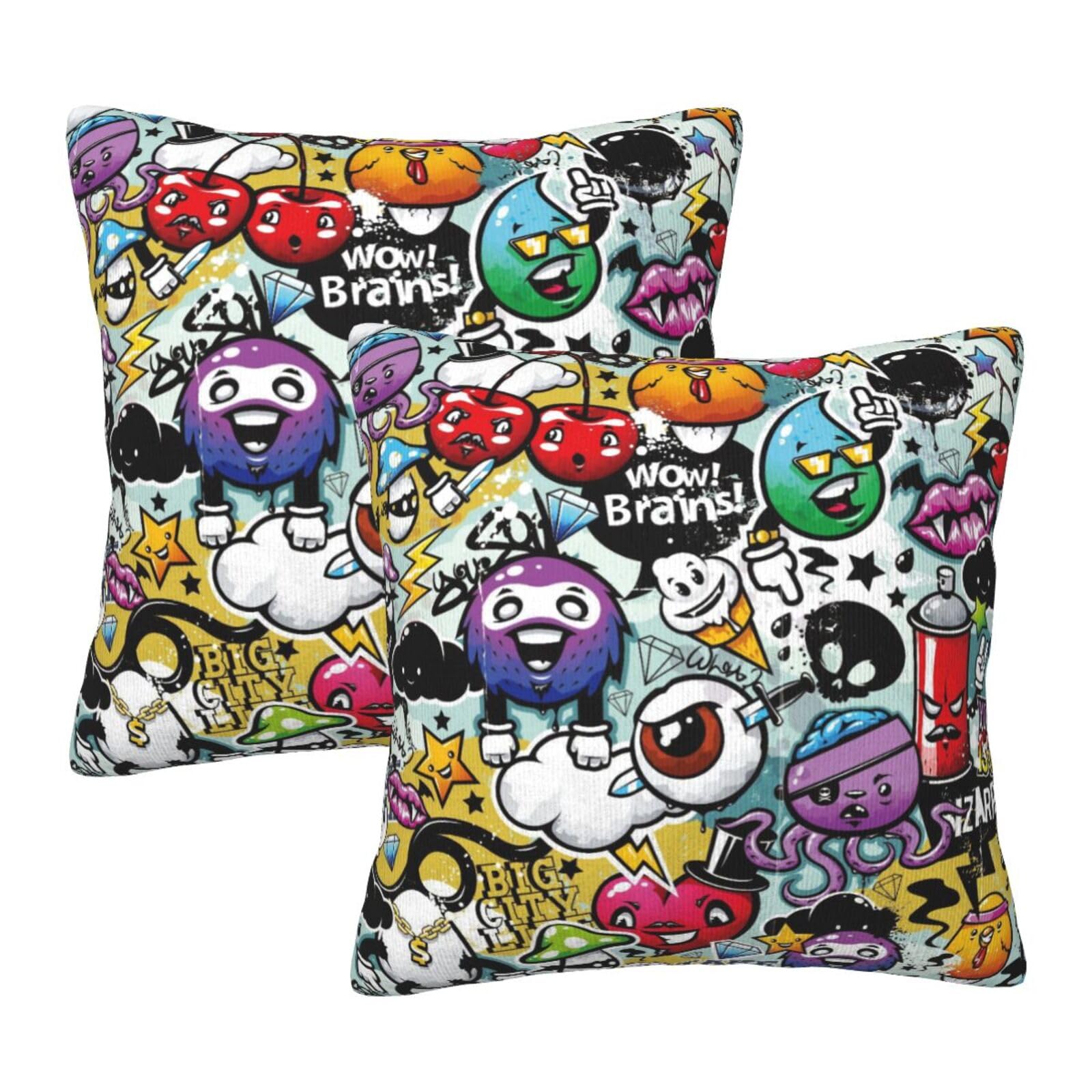 Graffiti Throw Pillow Covers, Skateboard and Gamer Controller Doodle, Neon Paint Splatter Print Accent Cushion Cases, Short Plush Pillow Shells 16x16 Inch Set of 2, for Sofa Couch Decor
