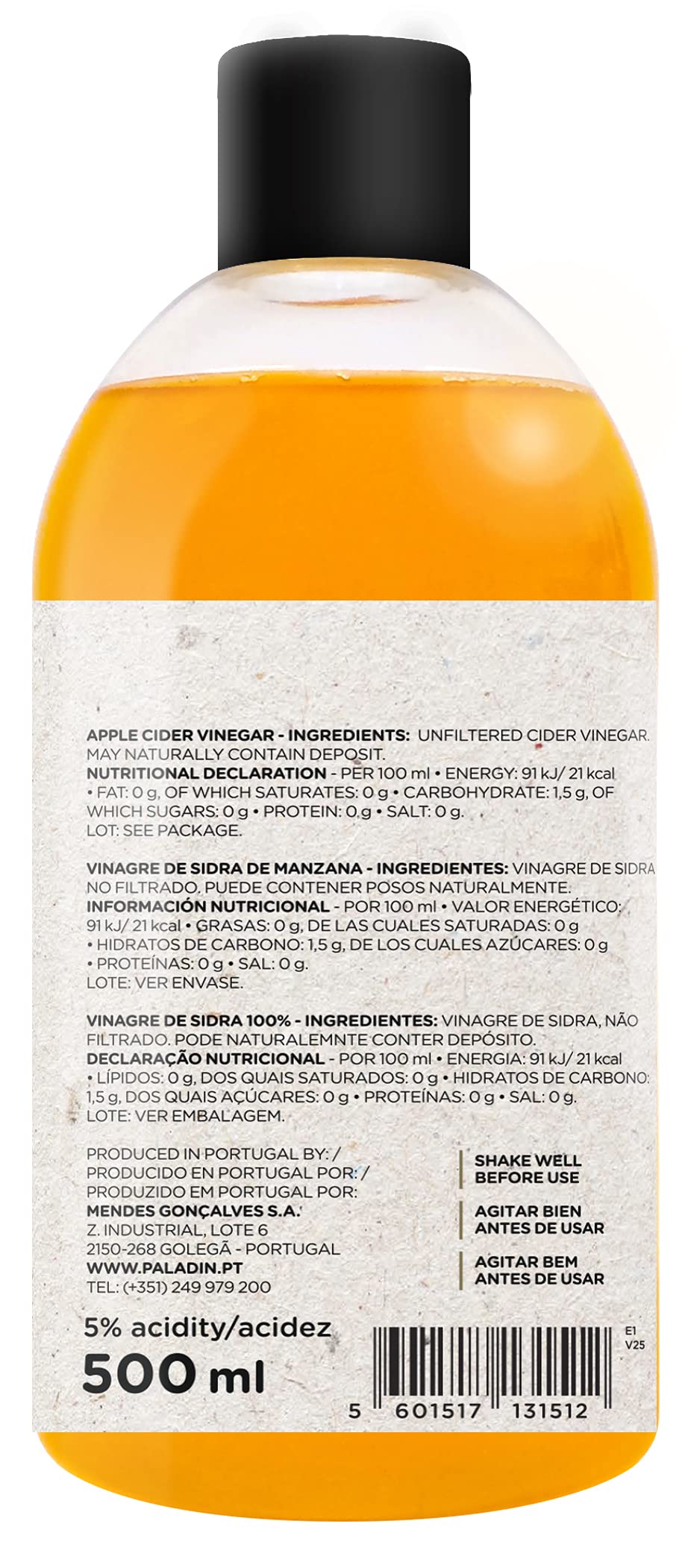 PALADIN VINAGRE DE SIDRA DE MANZANA SIN FILTRAR 500ml CAJA 6 UNIDADES