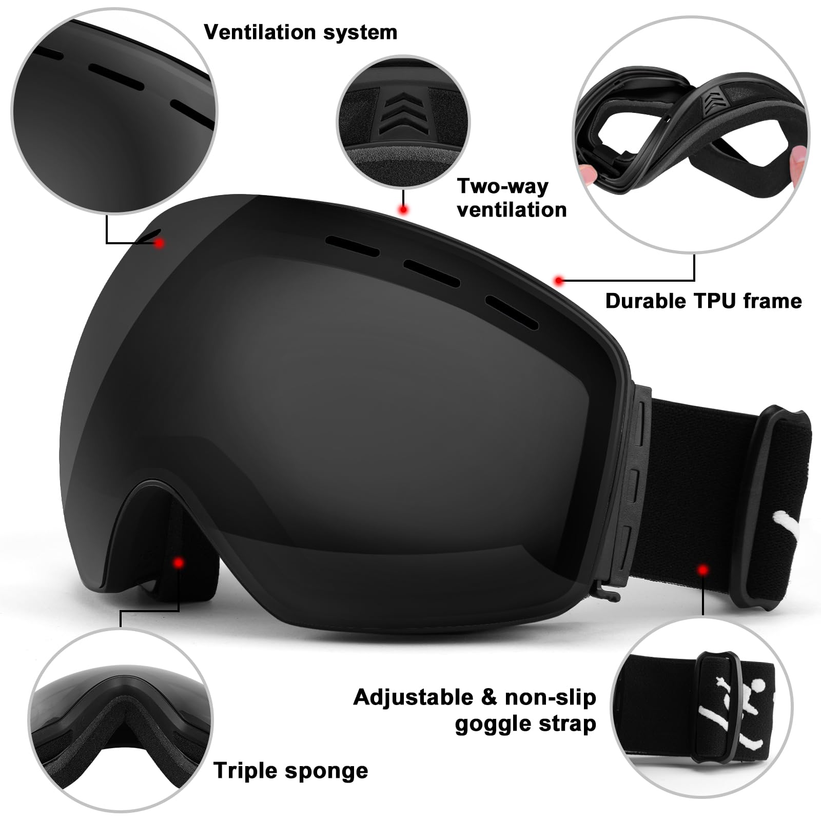 Trusiel Maschera Sci, Occhiali da Sci OTG, Anti Nebbia Anti-UV Maschera da Sci Donna Uomo, Occhiali da Sci Casco Compatibile per Sci Snowboard Sport Invernali