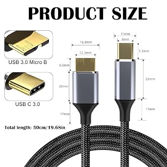 USB 3.0 Micro-B to USB-C Cable External Hard Drive Cable for SSD HDD Camera