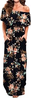 VERABENDI Women's Off Shoulder Summer Casual Long Ruffle Beach Maxi Dress with Pockets