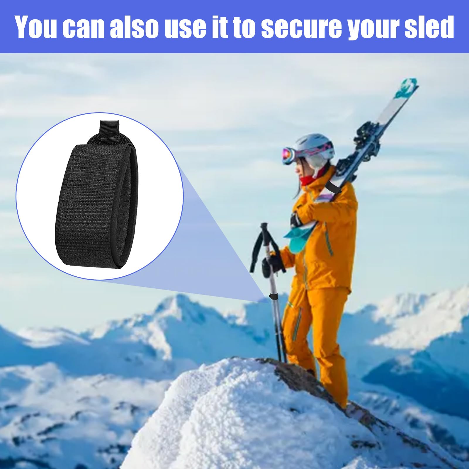 10 PCS Sangles Fixation Skis 5 * 48cm Sangle Ski Réglables Ruban Fixation Skis Fixations de Ski Autocollantes Sangle Porte Ski Fixation Ski pour Skis Luges, Noir