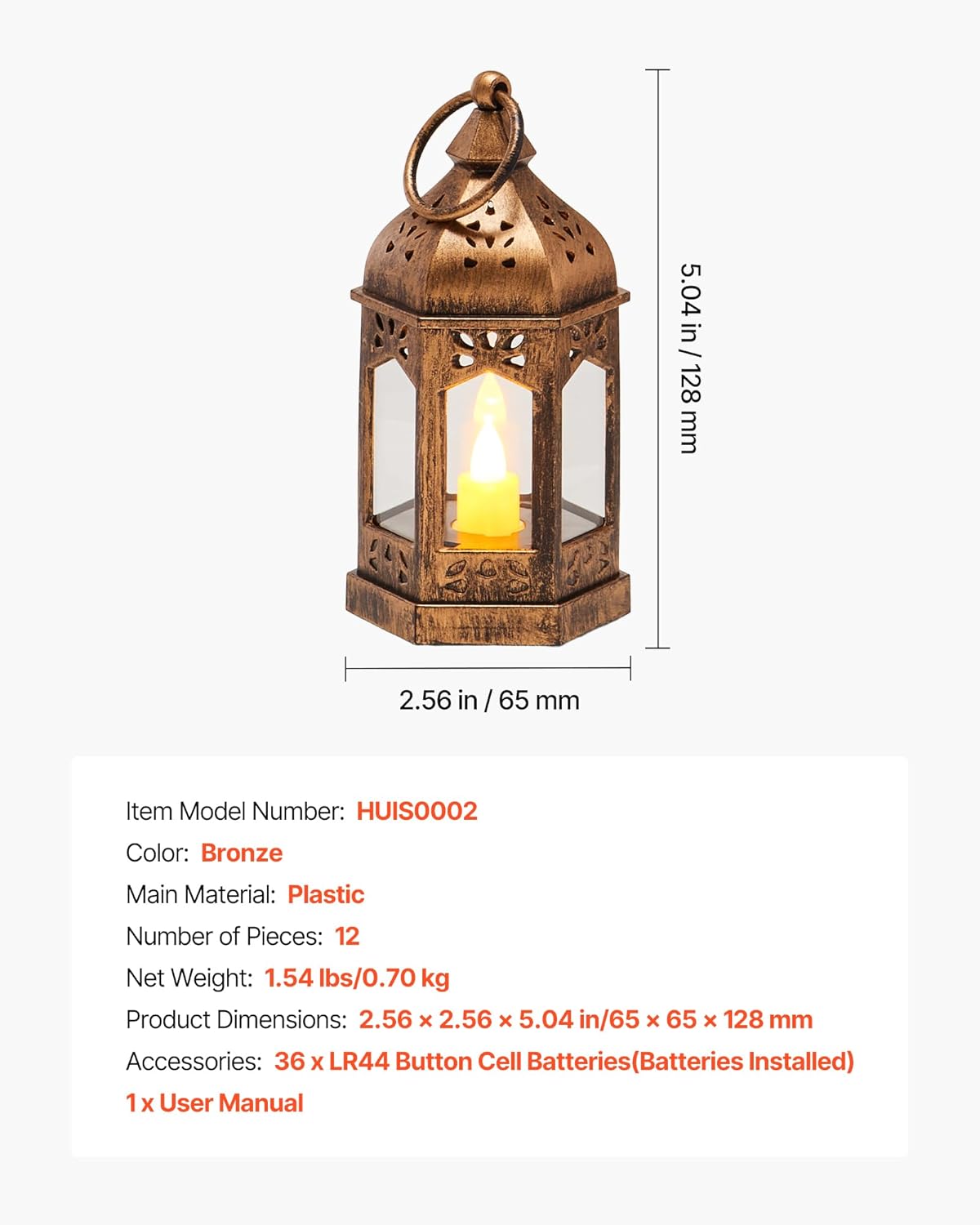 VEVOR 12 Pcs Decorative Candle Lantern, LED Electric Flameless Candle, Plastic LED Holder with Glass, Wall Hanging Indoor Porch Lanterns for Wedding Table Party Farmhouse Indoor Decor, Bronze