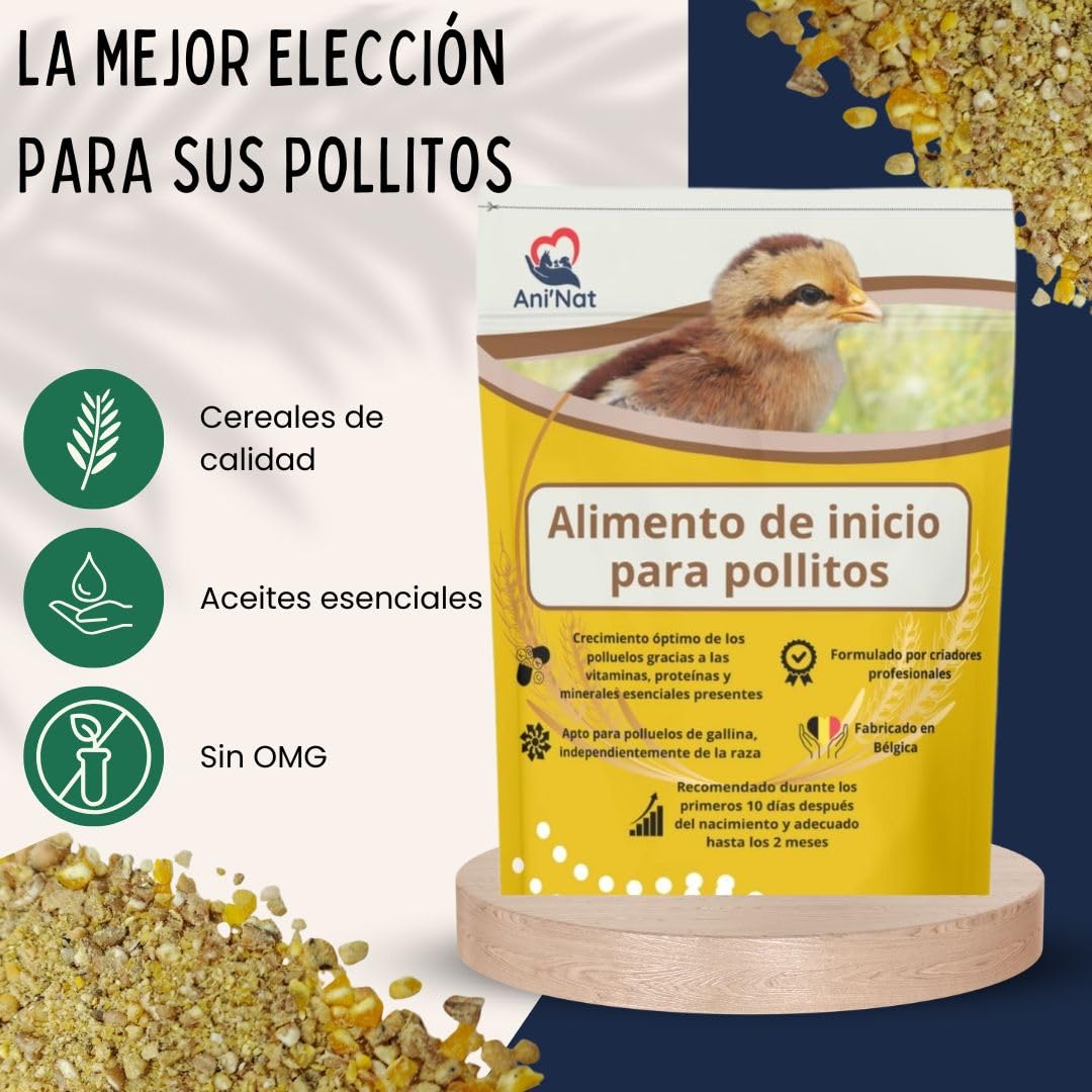 AniNat Alimento de Inicio para Pollitos, Comida de Primera Edad con vitaminas, proteínas y minerales, aceites Esenciales. Apto Desde el Nacimiento. Sin OGM. Sin antibióticos