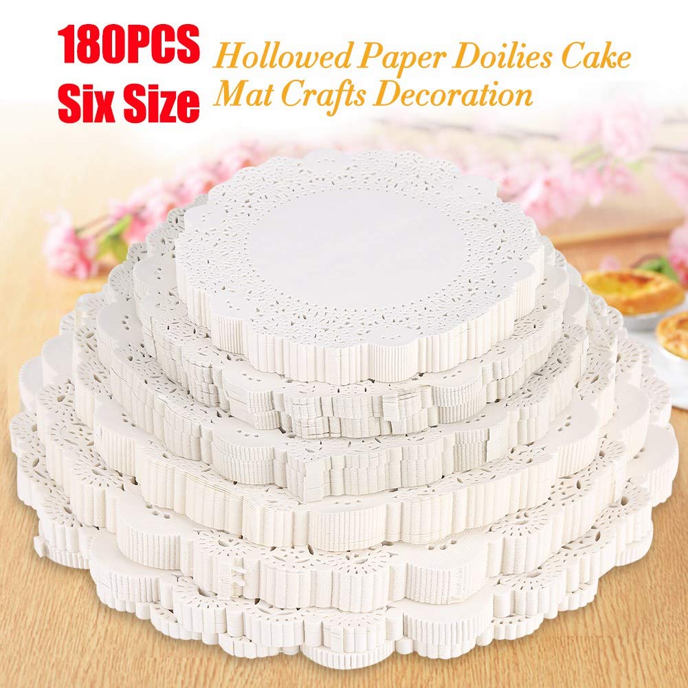 Restokki Doilies for Tables, 180Pcs Hollowed Decorative Paper Doilies, Cake Mat Crafts Wedding Party Decoration for Cake Desert Wedding Tableware Decoration(24cm)