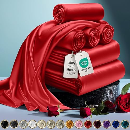 DECOLURE Juego completo de sábanas de satén de 6 piezas Sábanas de satén de seda de lujo para hotel, elegantes y sedosas, suaves y sedosas, juego