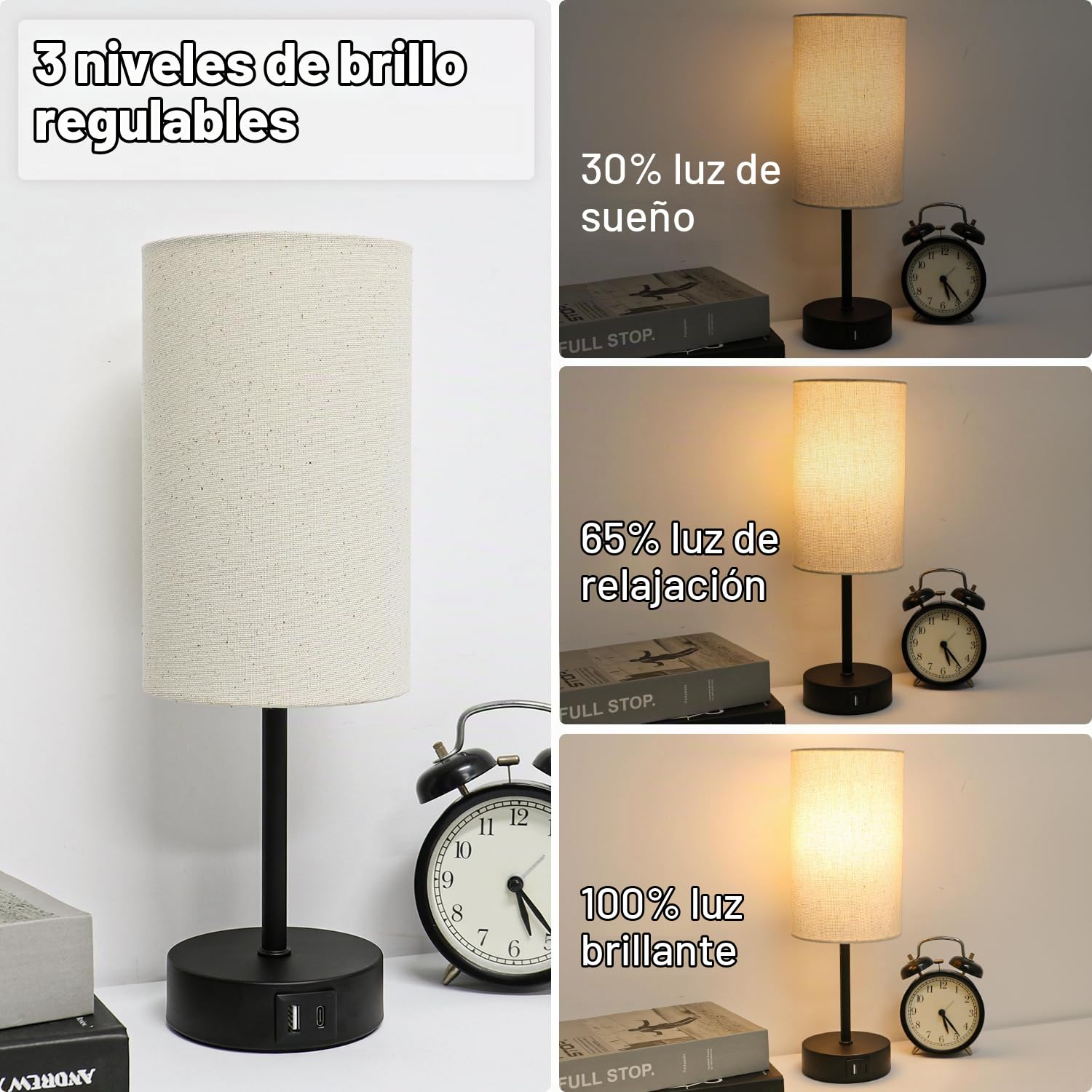 Lamparas de Mesita de Noche Tactil Regulable, Lampara de Mesa con Puertos de Carga USB A+C, Pantalla Lamparas de Lino, Lamparas Pequeña para Dormitorio, Sala de Estar, Habitación de Bebé