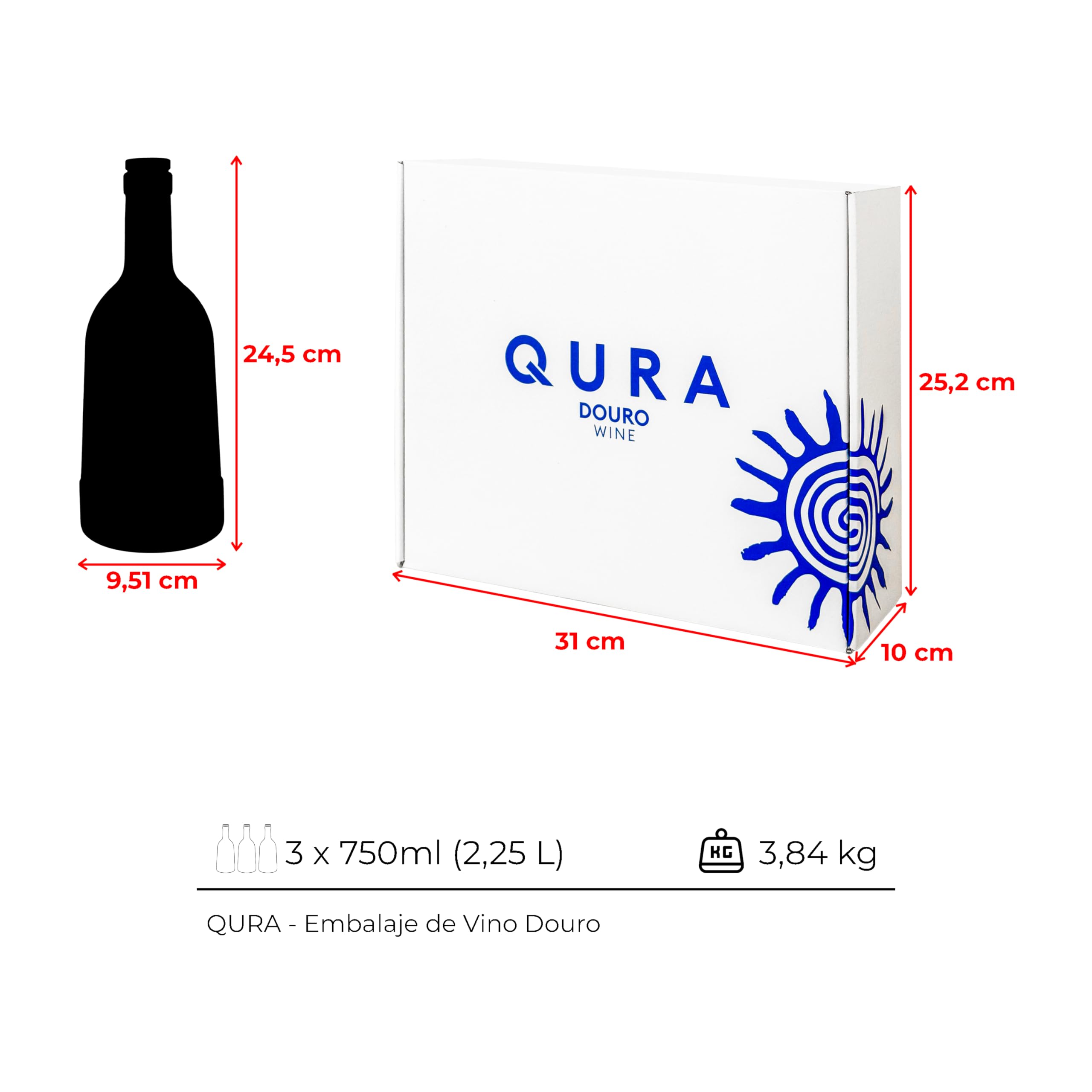 QURA – Vino Tinto DOC Douro Edición Especial | Caja de Vino para Regalo | Pack Vino para Regalar 3 Botellas | Cosecha 2023 | 13,5% vol | Rubí | Jugoso y elegante