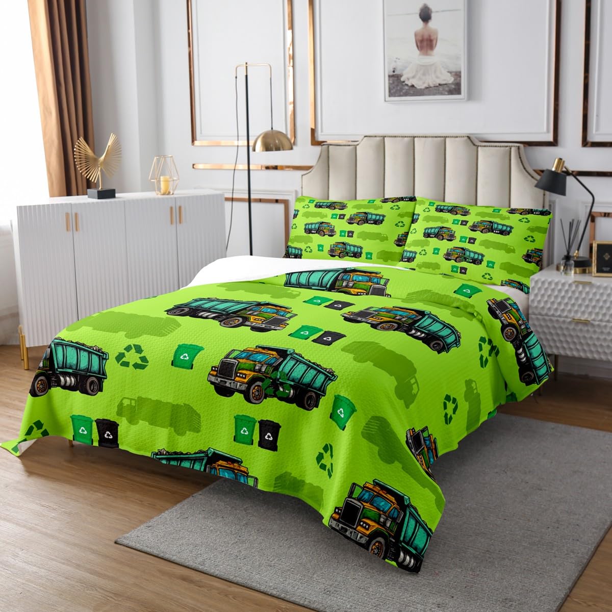 Garbage Trucks Bedspread Queen,Kids Cartoon Car Bedding Bed Cover,Boys Girls Teens Green Vehicle Cars 3 Pieces Coverlet Set with 2 Pillowcases,Rubbish Car Vehicles Bed Cover Sets for All Season