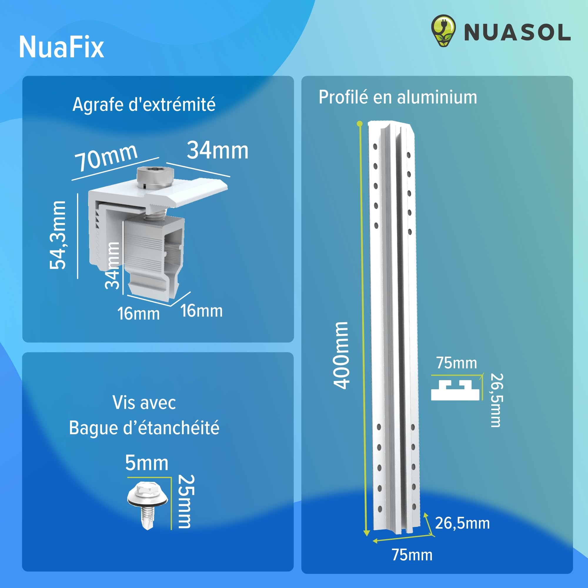 Kit de montage pour toit en tôle ondulée photovoltaïque | Fixation, support pour 1 module | Profil en T 40 cm | Support de panneau solaire avec pince terminale et vis pour modules solaires de