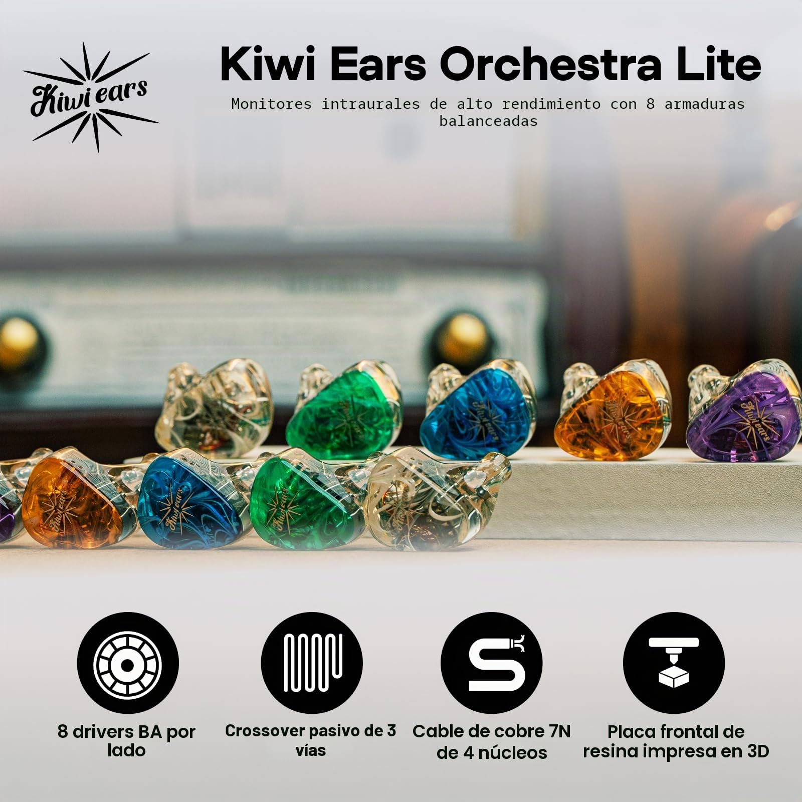 Linsoul Kiwi Ears Orchestra Lite 8BA Personalizado In Ear Monitor IEM con Cable Desmontable 7N de Cobre Libre de Oxígeno OFC de 4 Núcleos, Placa Frontal Artesanal para Músico Audiófilo(Transparente)