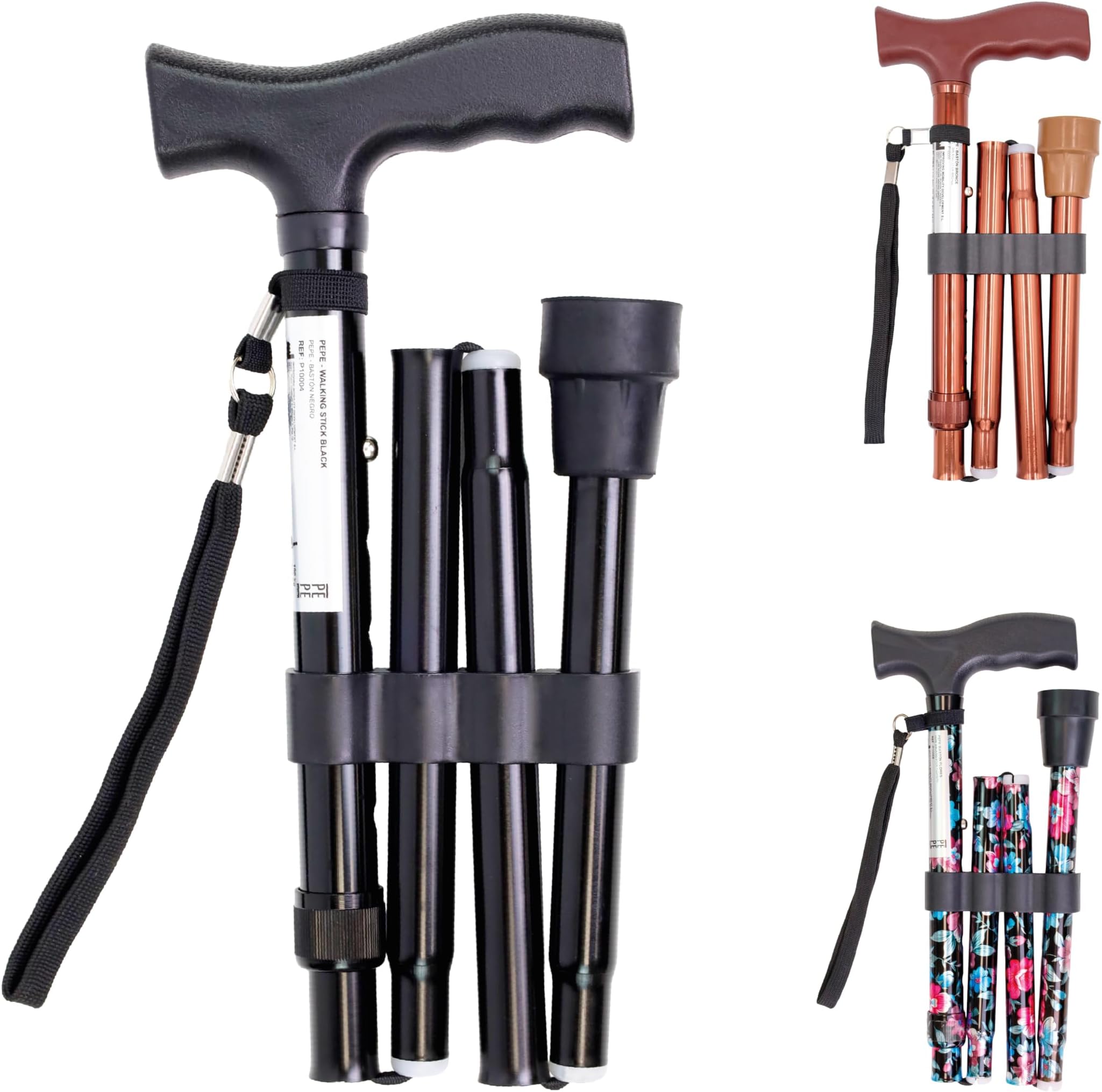 PEPE Mobility Foldable Walking Stick for Women and Men, Adjustable Height, Left Or Right Handed, Non-Slip Rubber Tip, Unisex